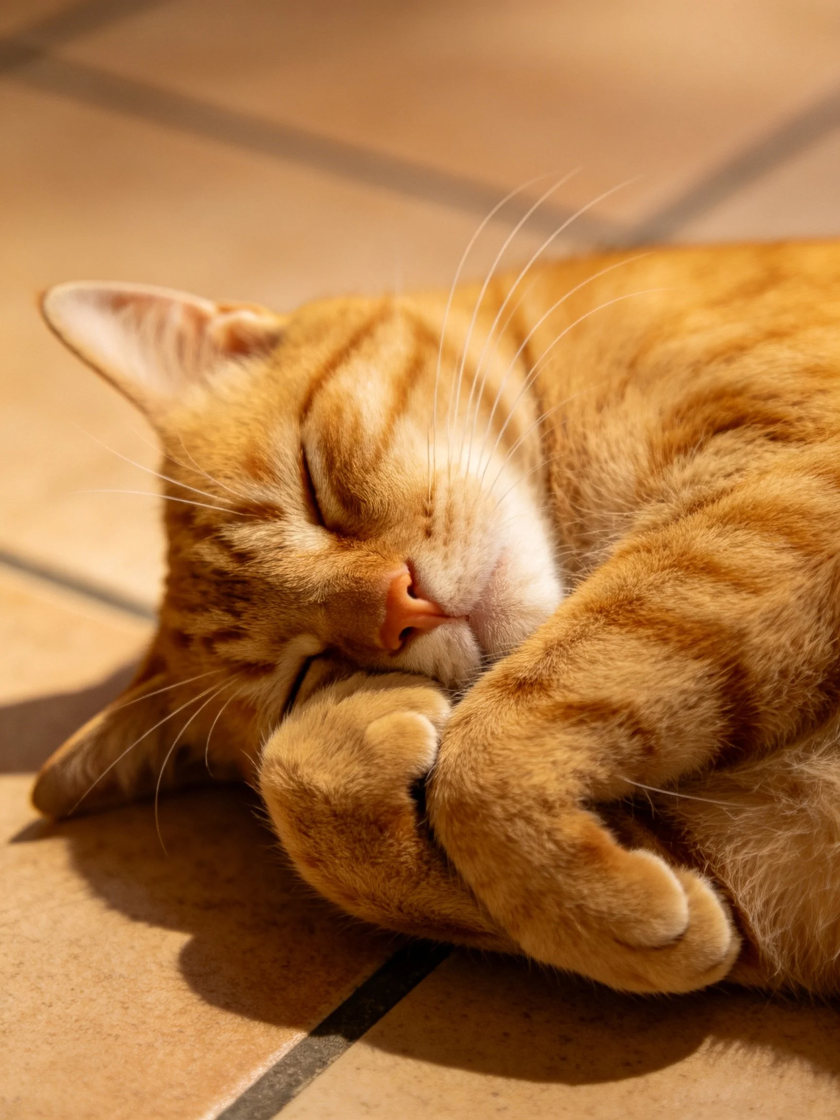 A relaxed orange tabby cat napping on tiled flooring