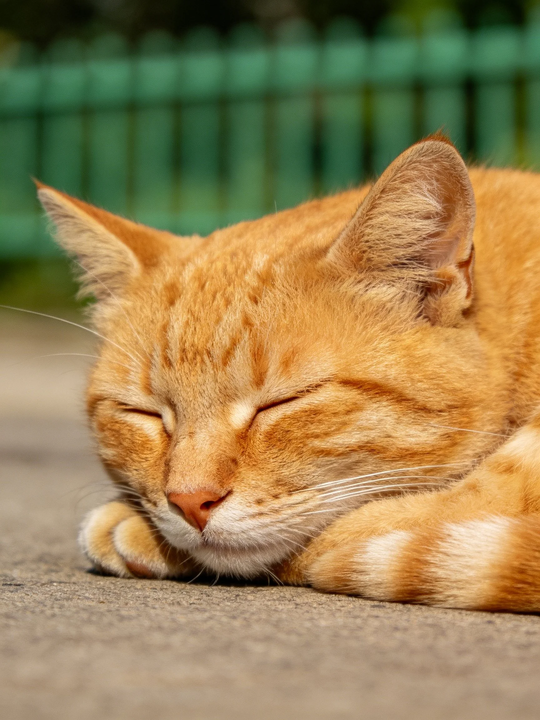 A relaxed orange tabby cat naps on a concrete surface