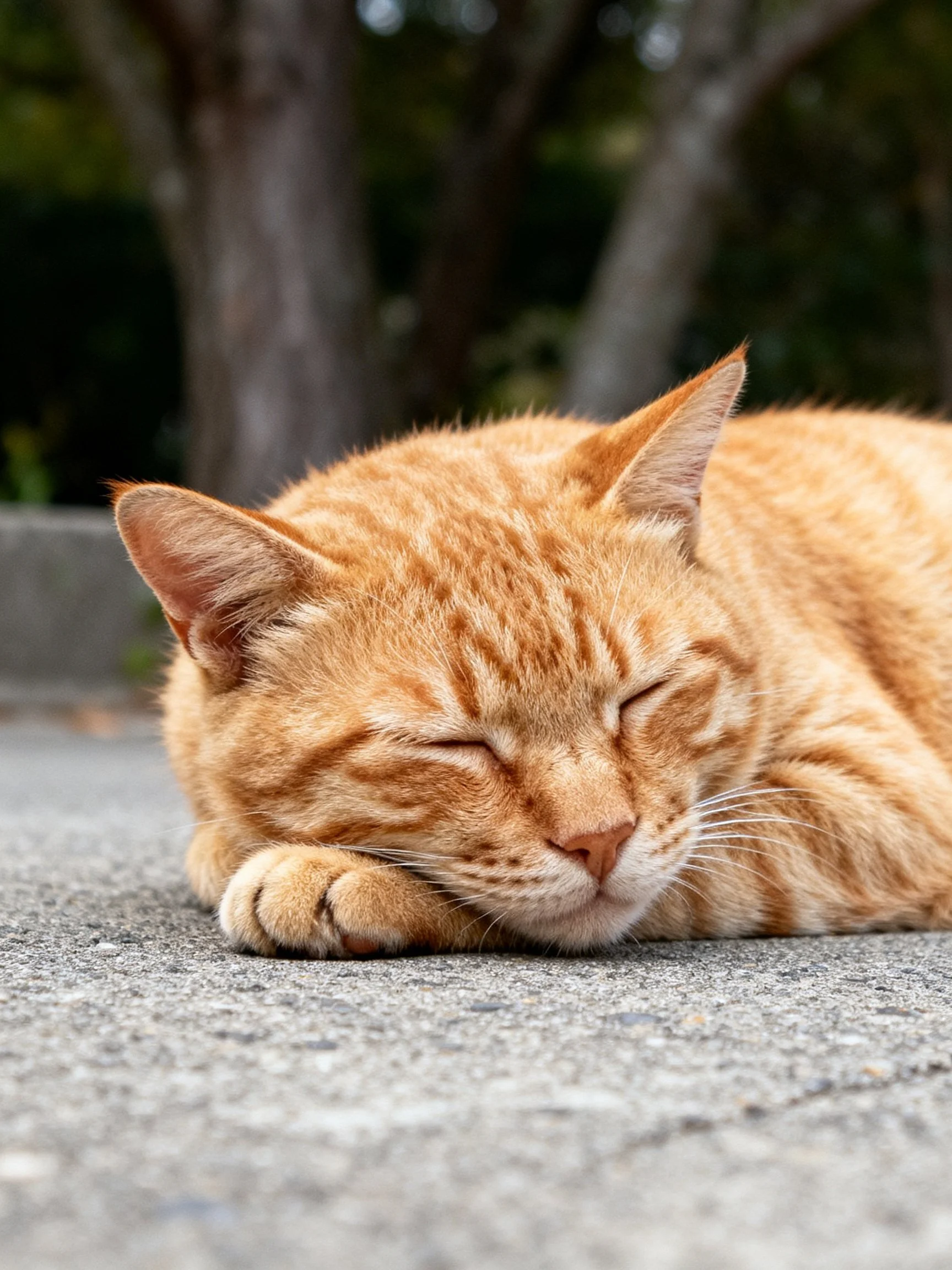 A relaxed orange tabby cat naps on a smooth concrete surface