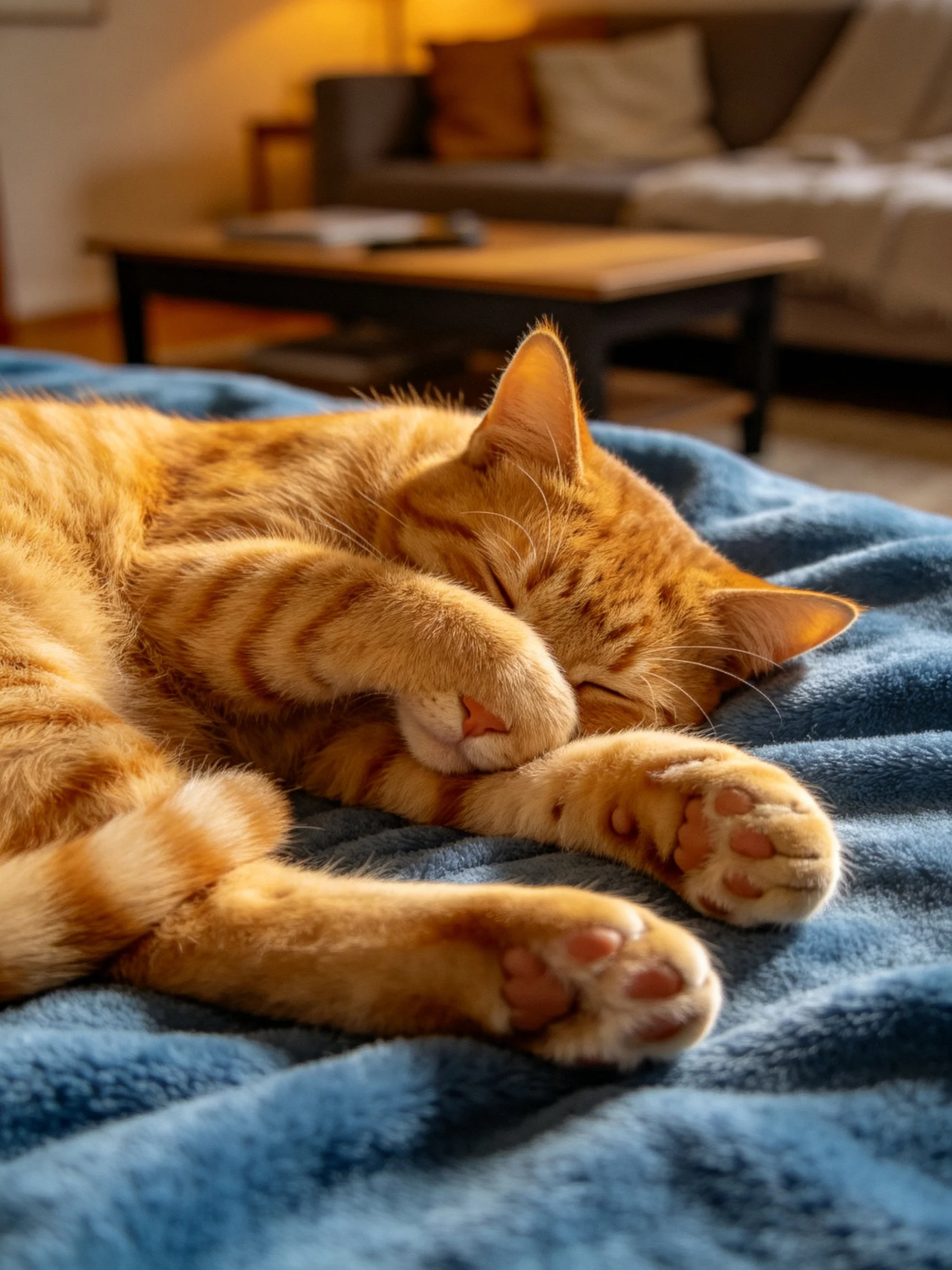 A relaxed orange tabby cat naps on a soft blue blanket near a coffee table