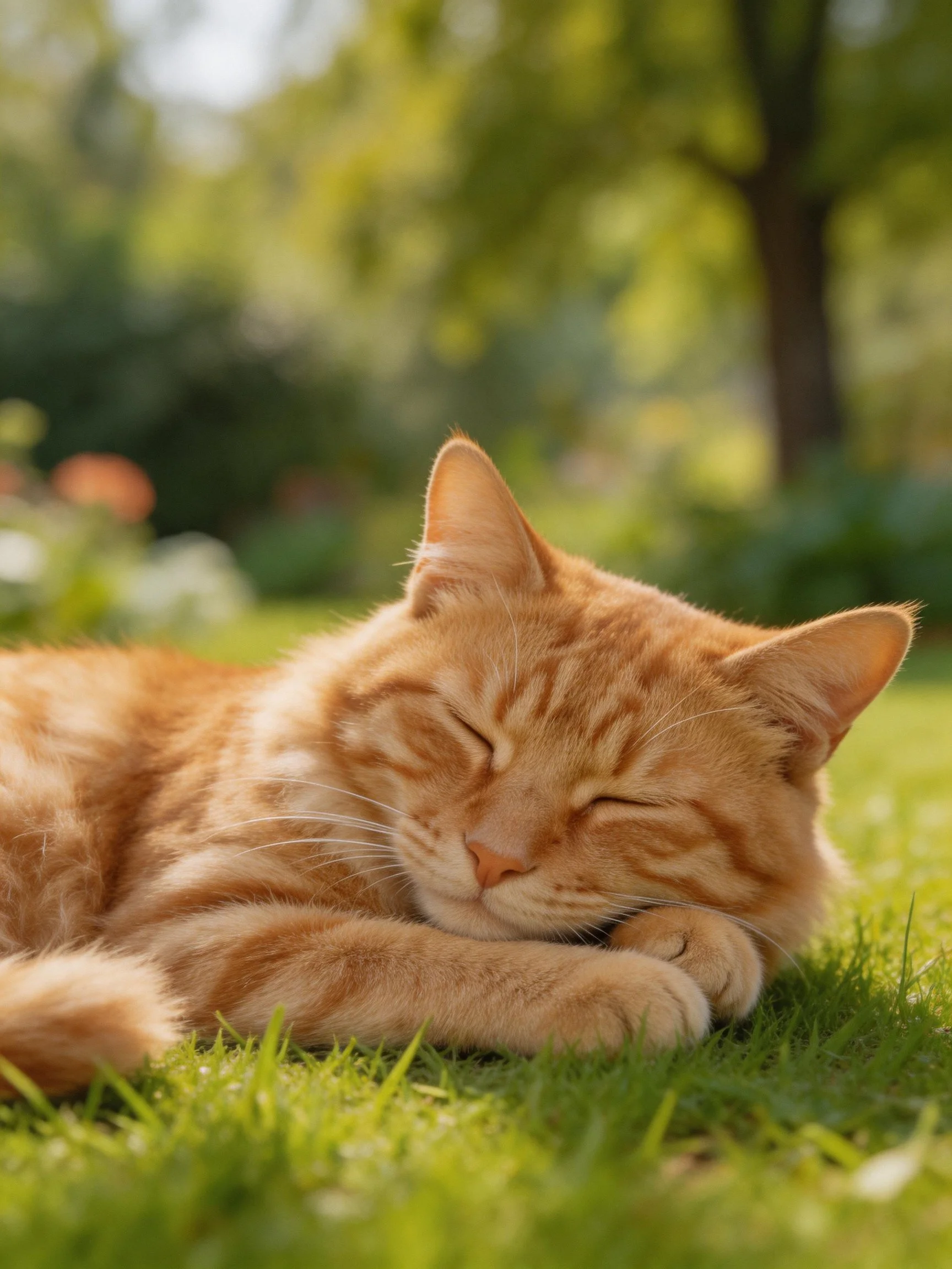 A relaxed orange tabby cat naps on lush green grass