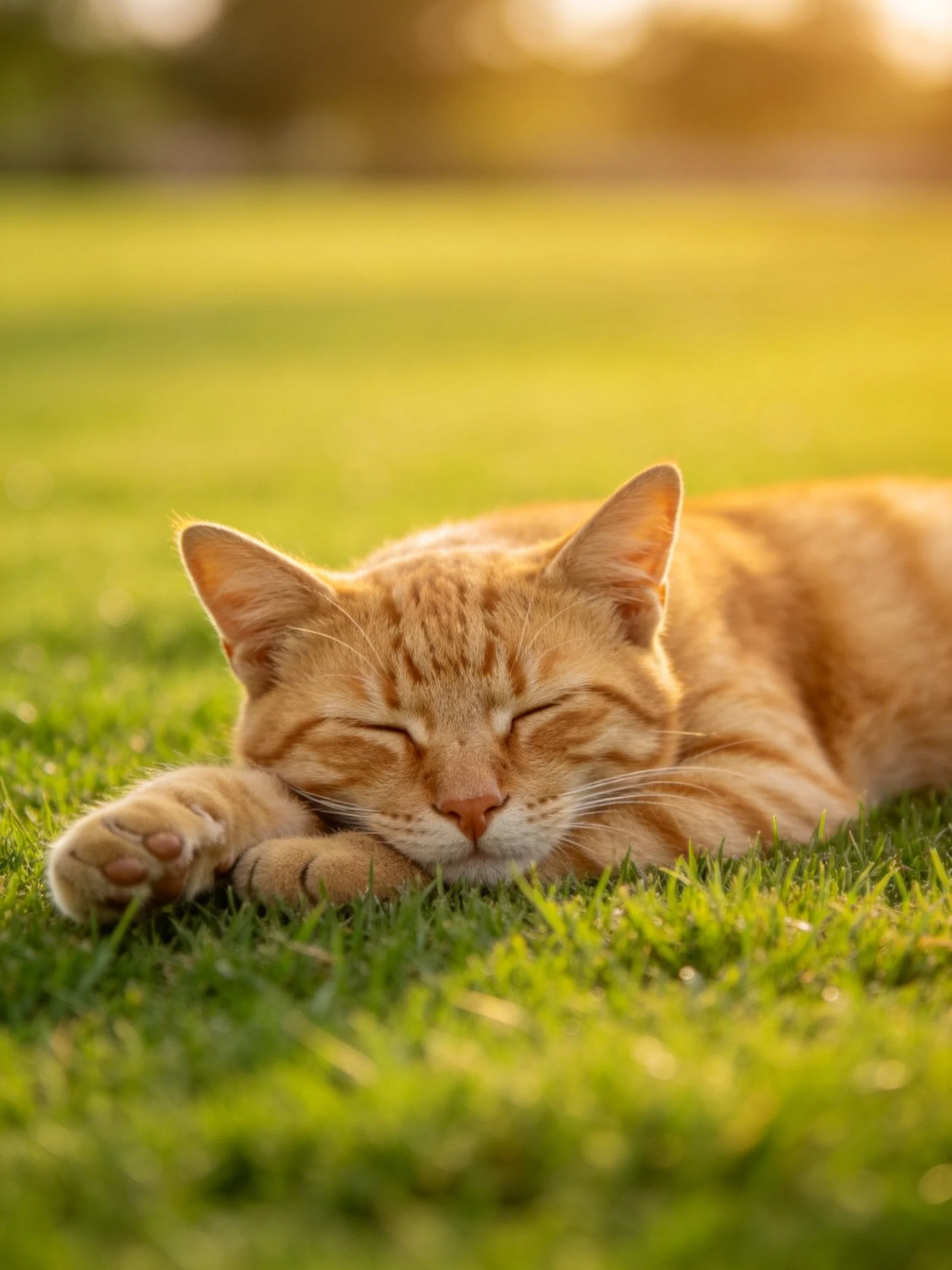 A relaxed orange tabby cat naps on lush green grass in golden sunlight.