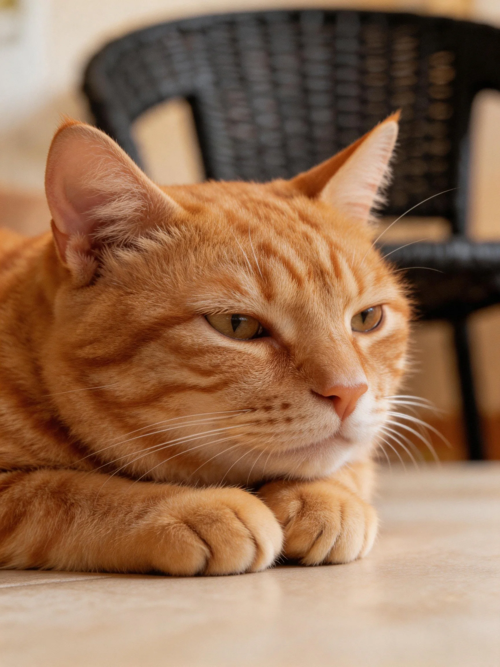 A relaxed orange tabby cat resting beside a black plastic chair