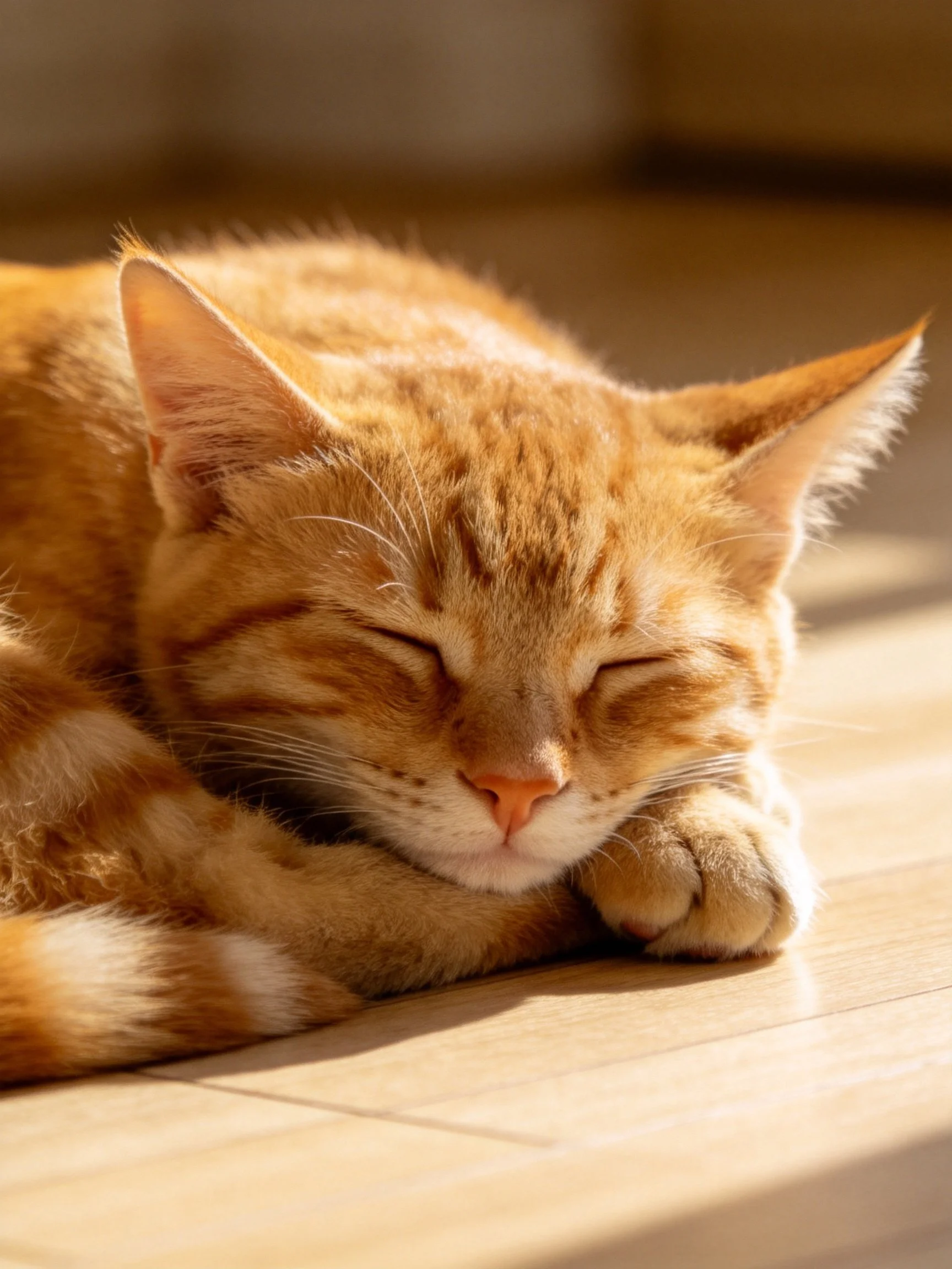 A relaxed orange tabby cat resting in warm sunlight