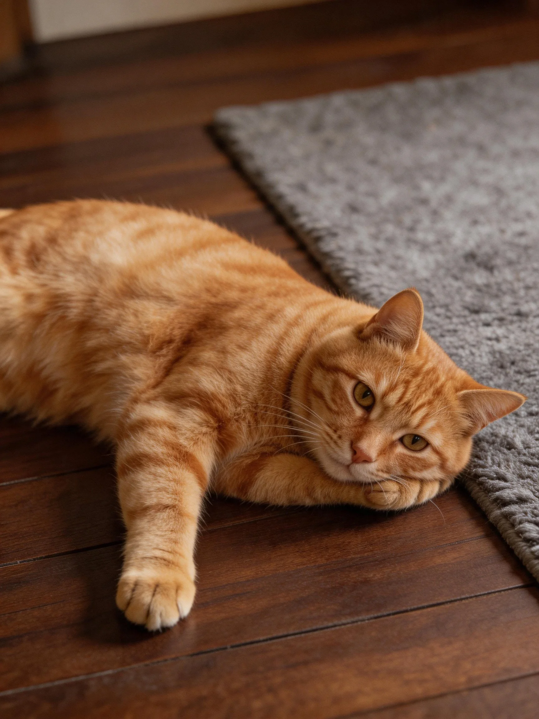 A relaxed orange tabby cat resting near a gray rug on wood flooring