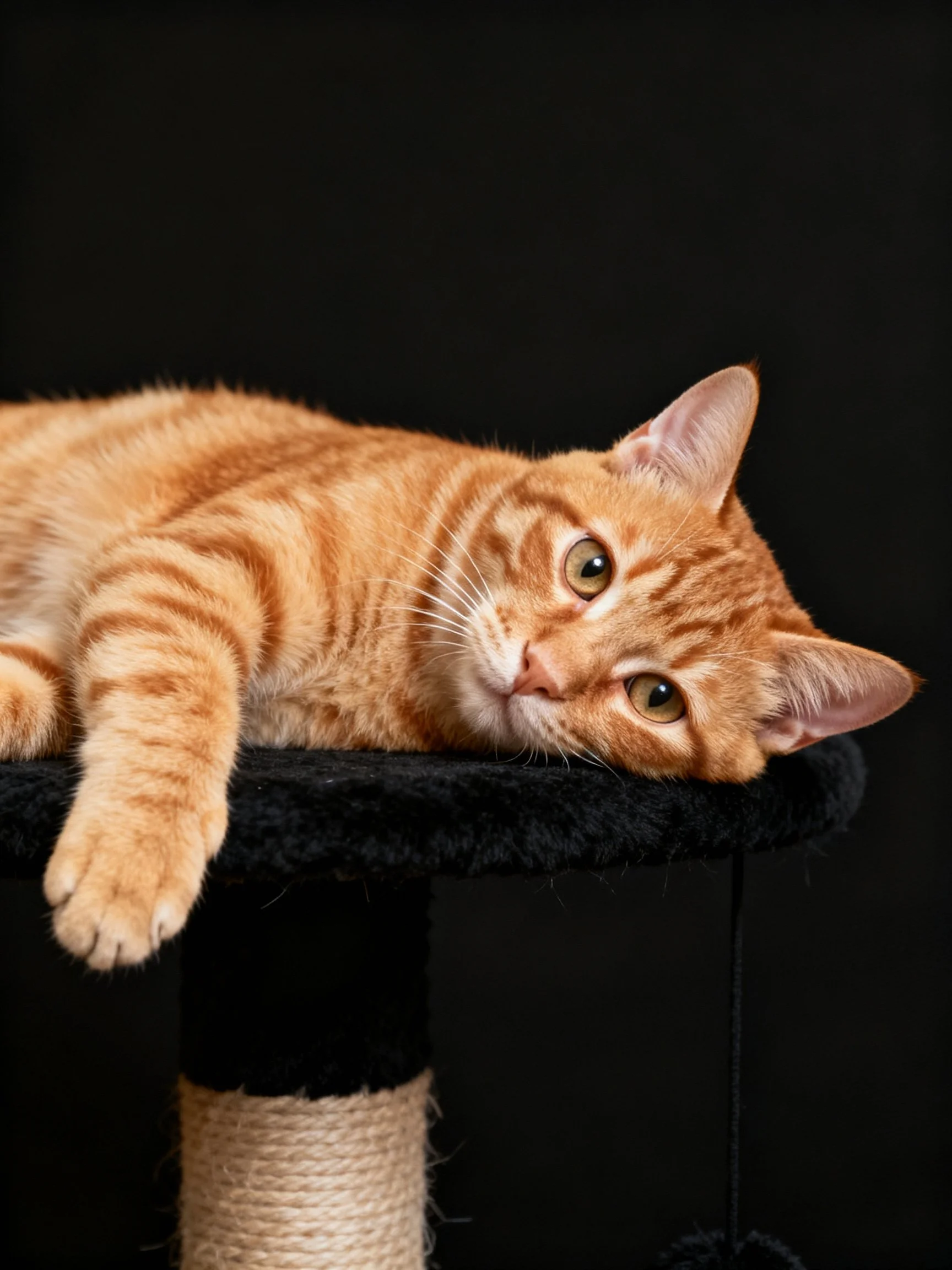 A relaxed orange tabby cat resting on a black perch