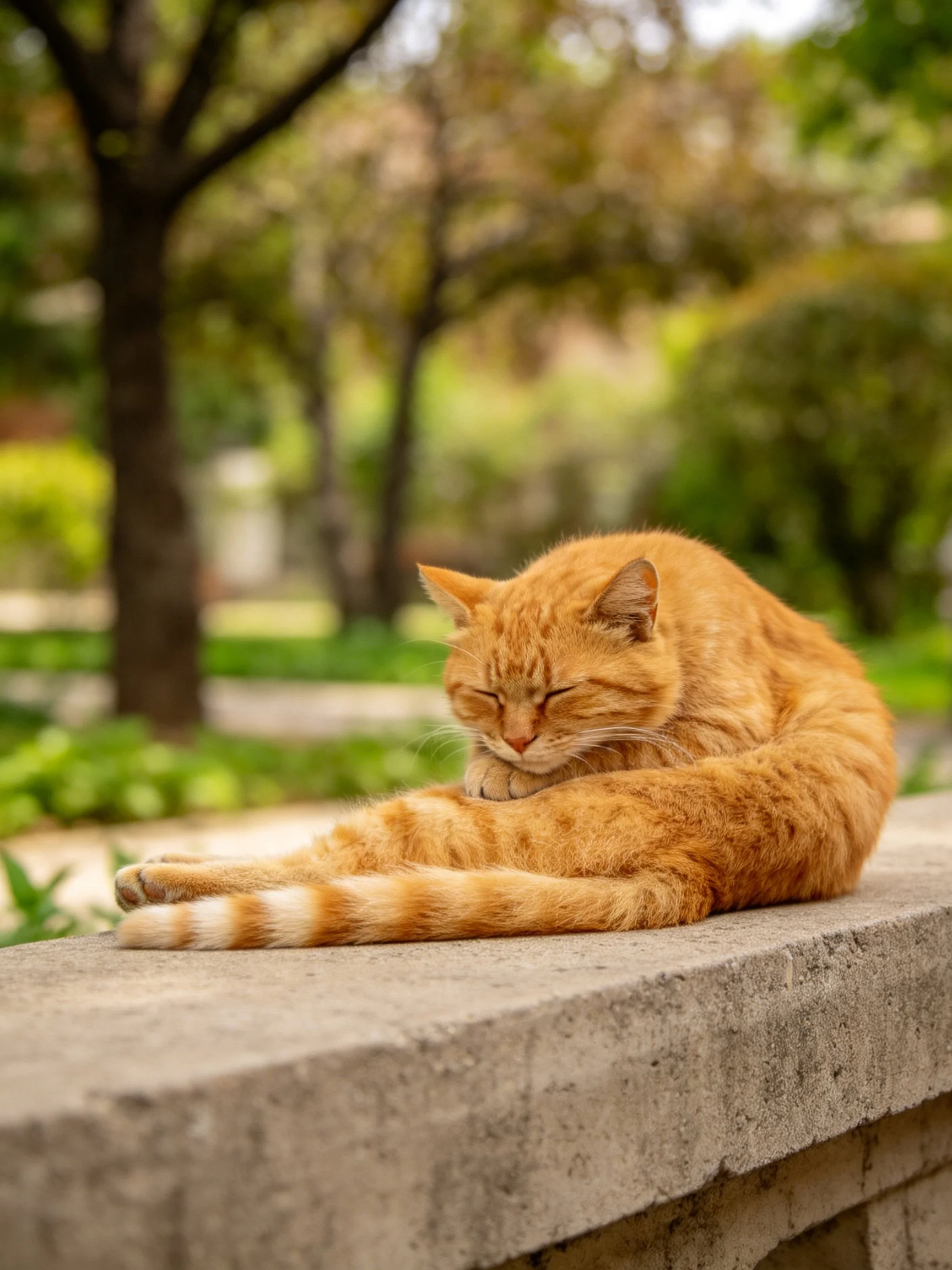 A relaxed orange tabby cat resting on a concrete ledge