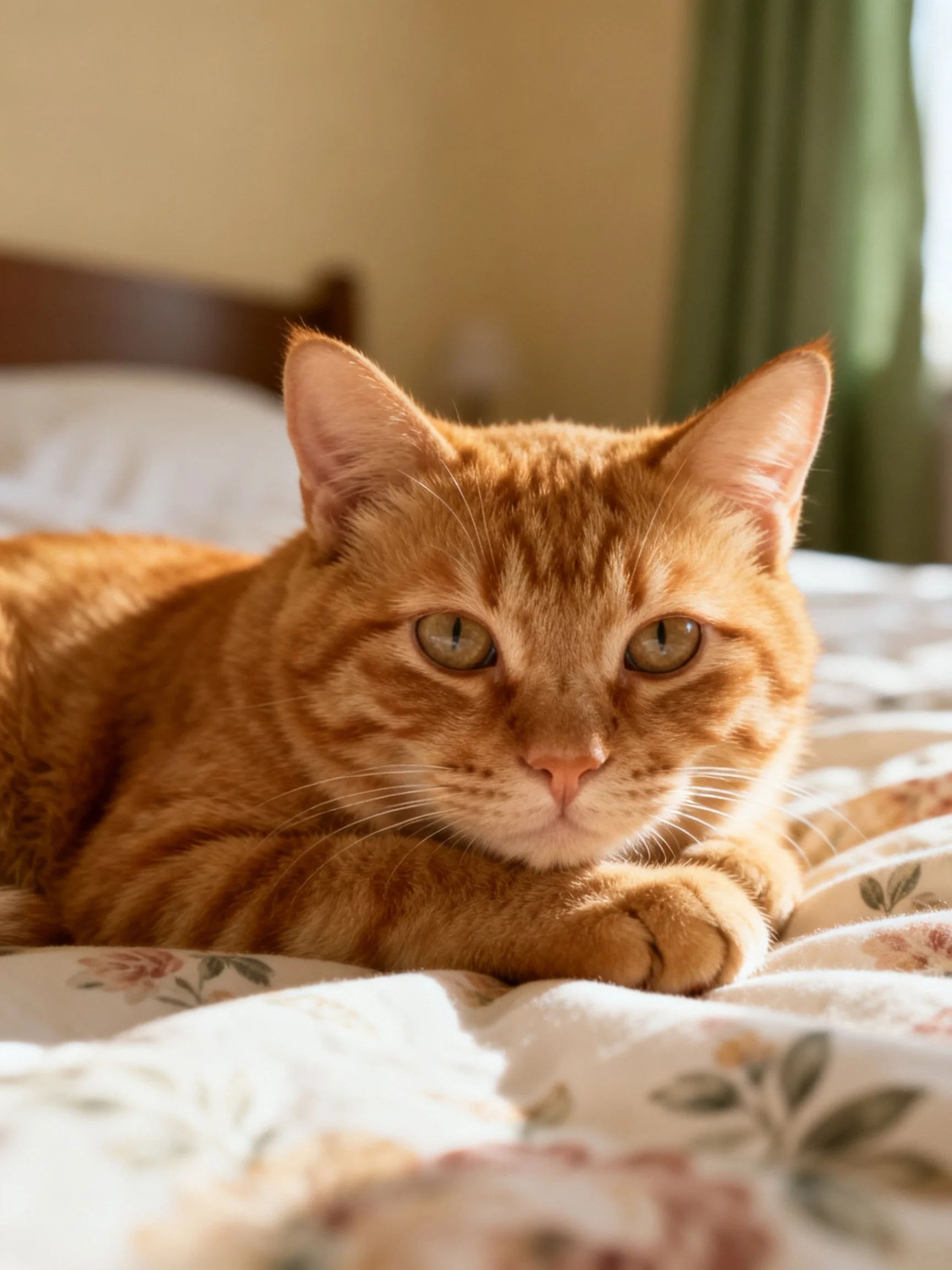 A relaxed orange tabby cat resting on a floral-patterned bedspread