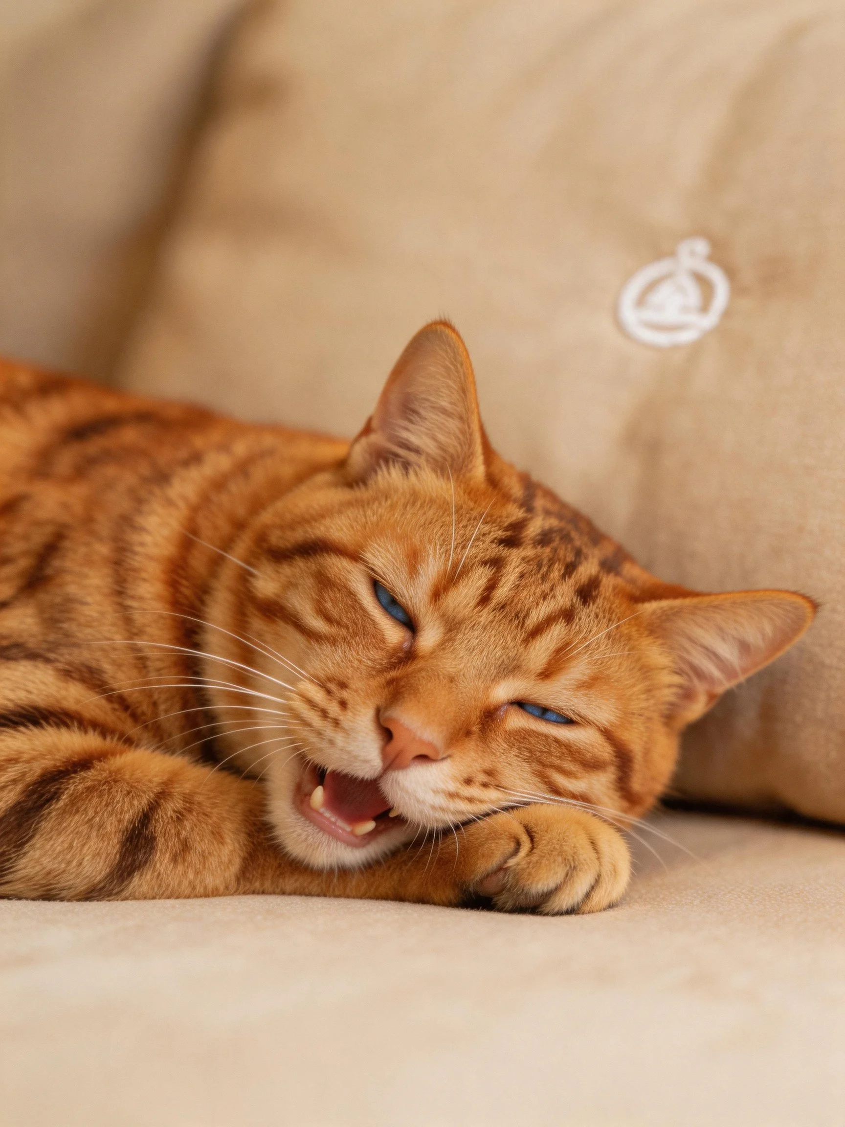 A relaxed orange tabby cat resting on a plush beige couch