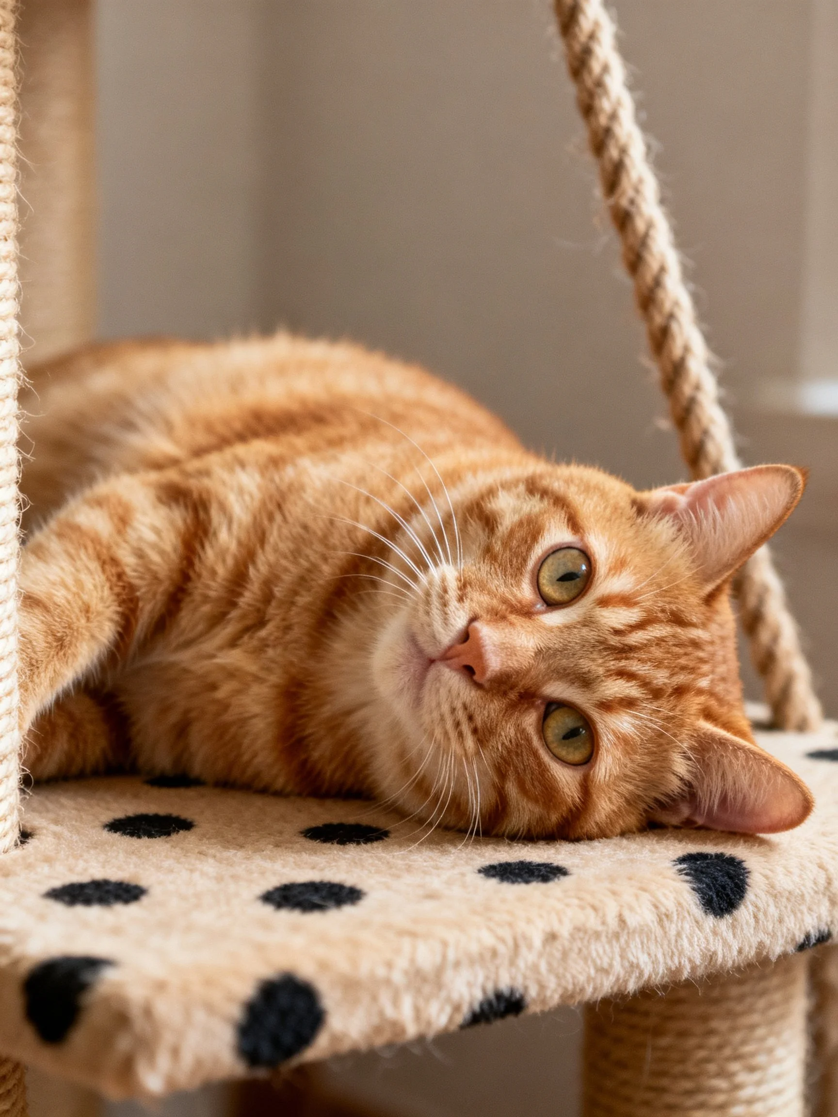 A relaxed orange tabby cat resting on a polka-dot cushioned perch