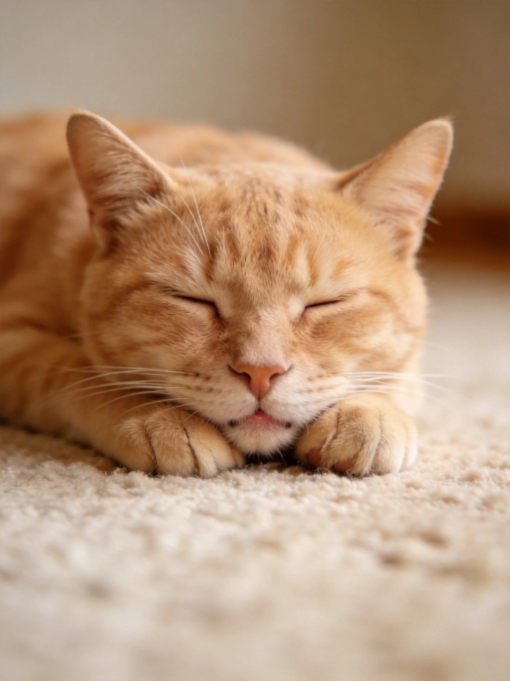 A relaxed orange tabby cat resting on a soft carpet