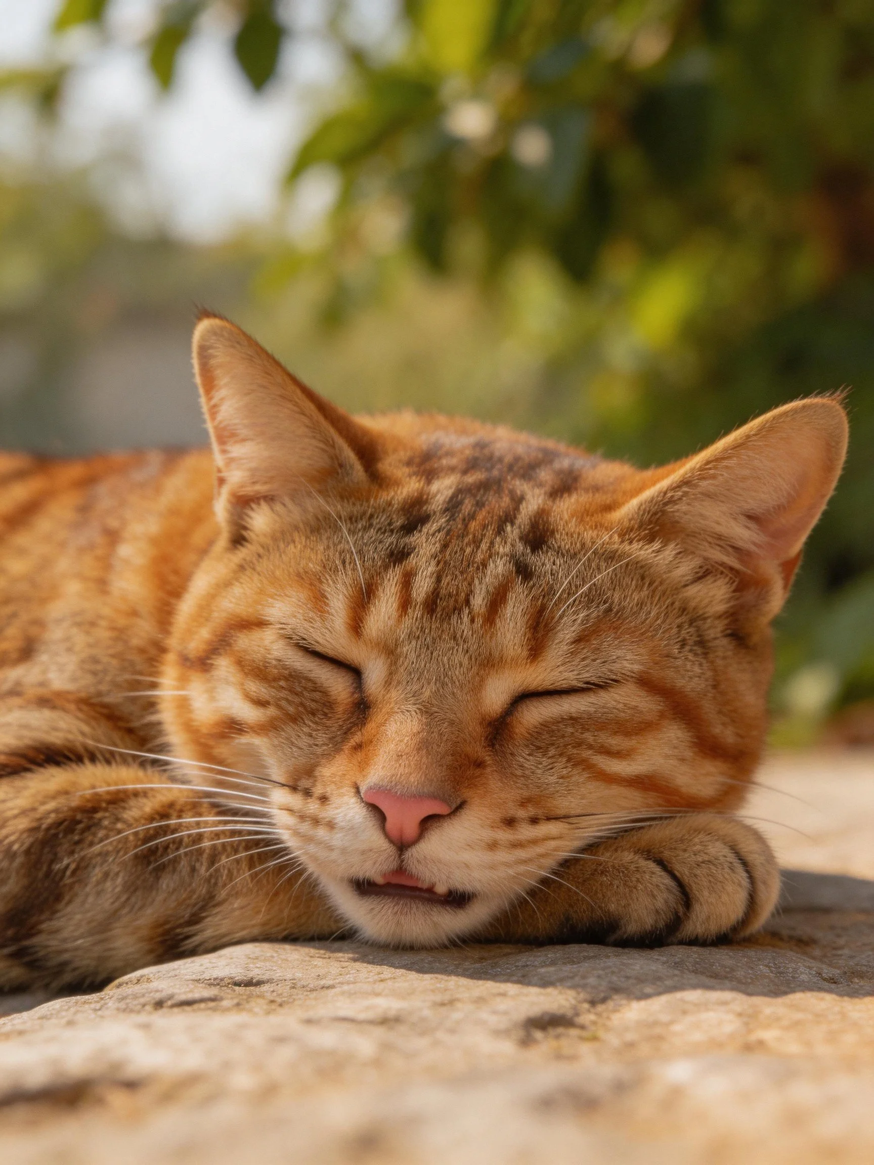 A relaxed orange tabby cat resting on a stone surface