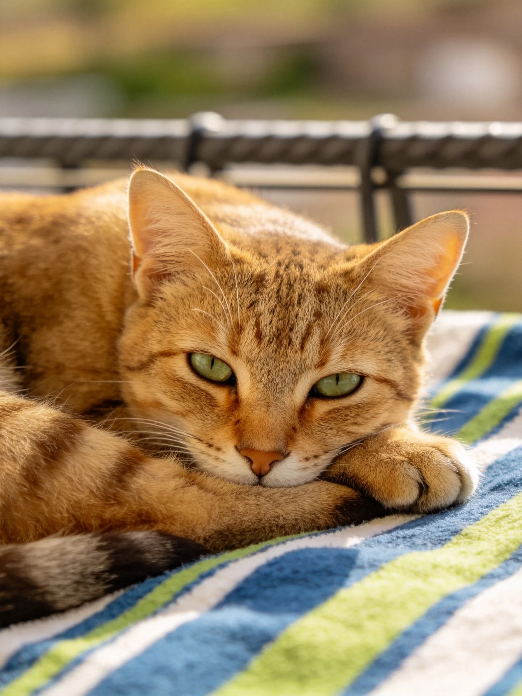 A relaxed orange tabby cat resting on a striped towel outdoors