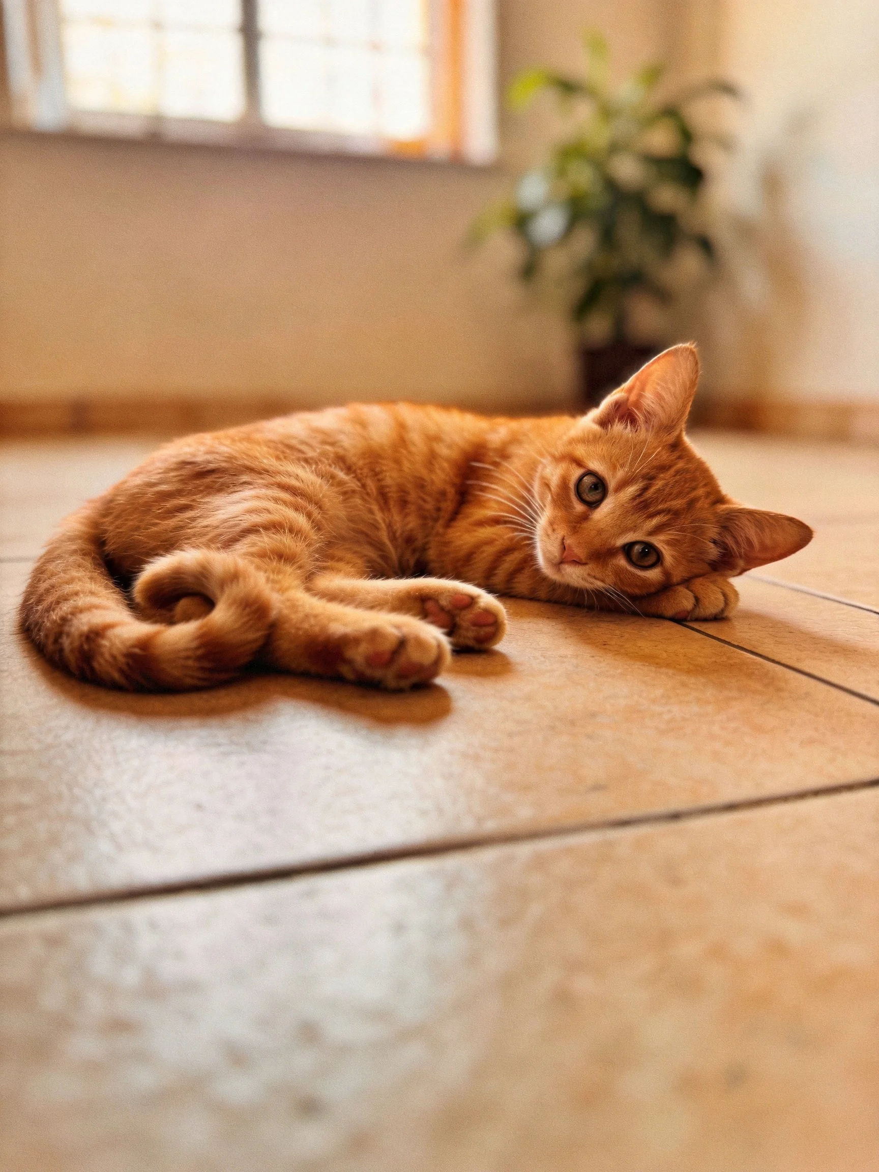 A relaxed orange tabby cat resting on a tiled floor indoors