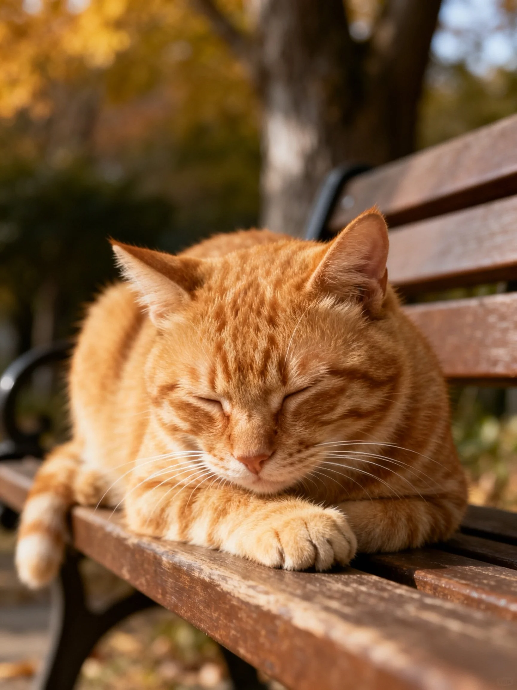 A relaxed orange tabby cat resting on a weathered wooden bench