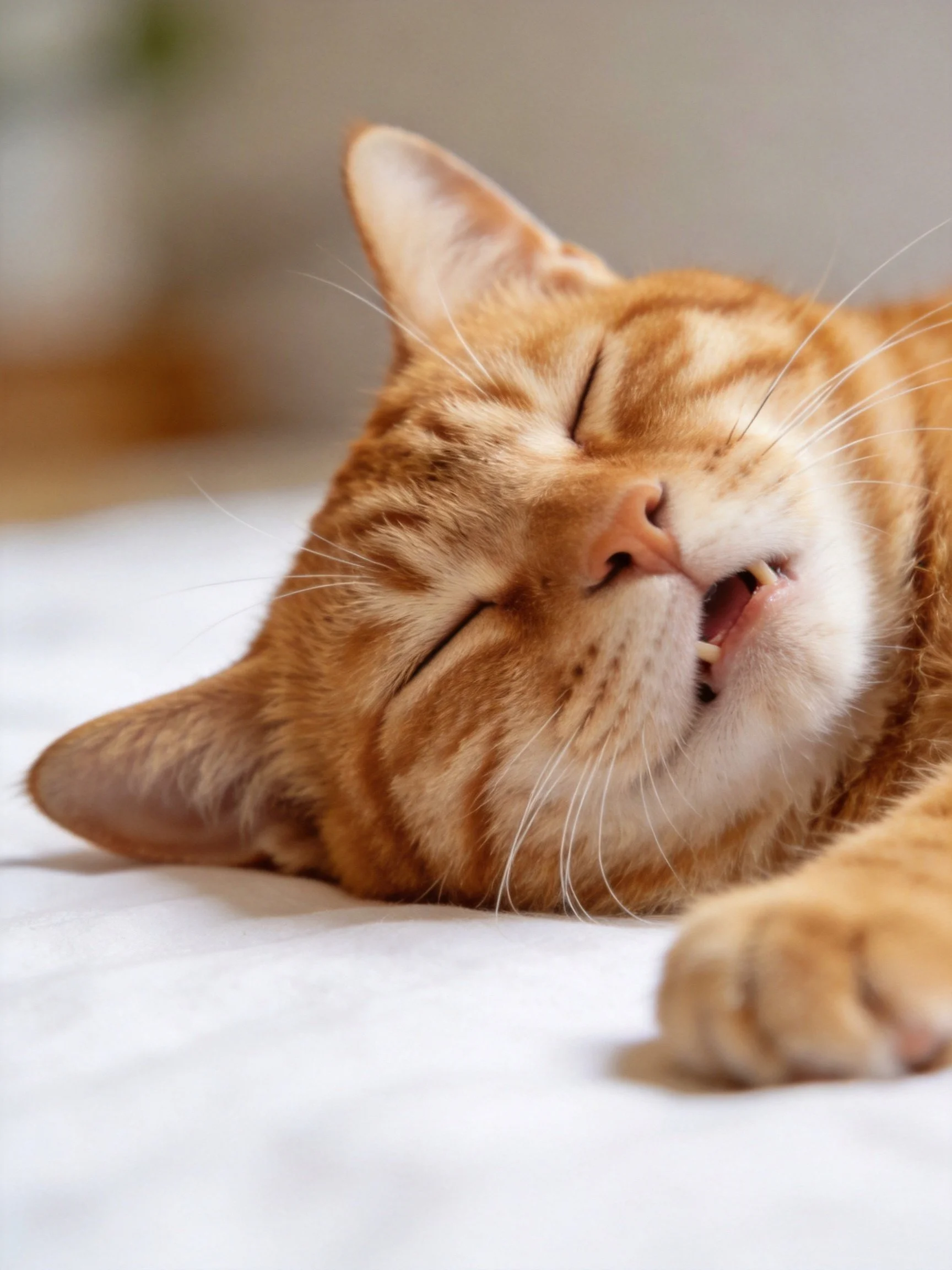 A relaxed orange tabby cat resting on a white surface