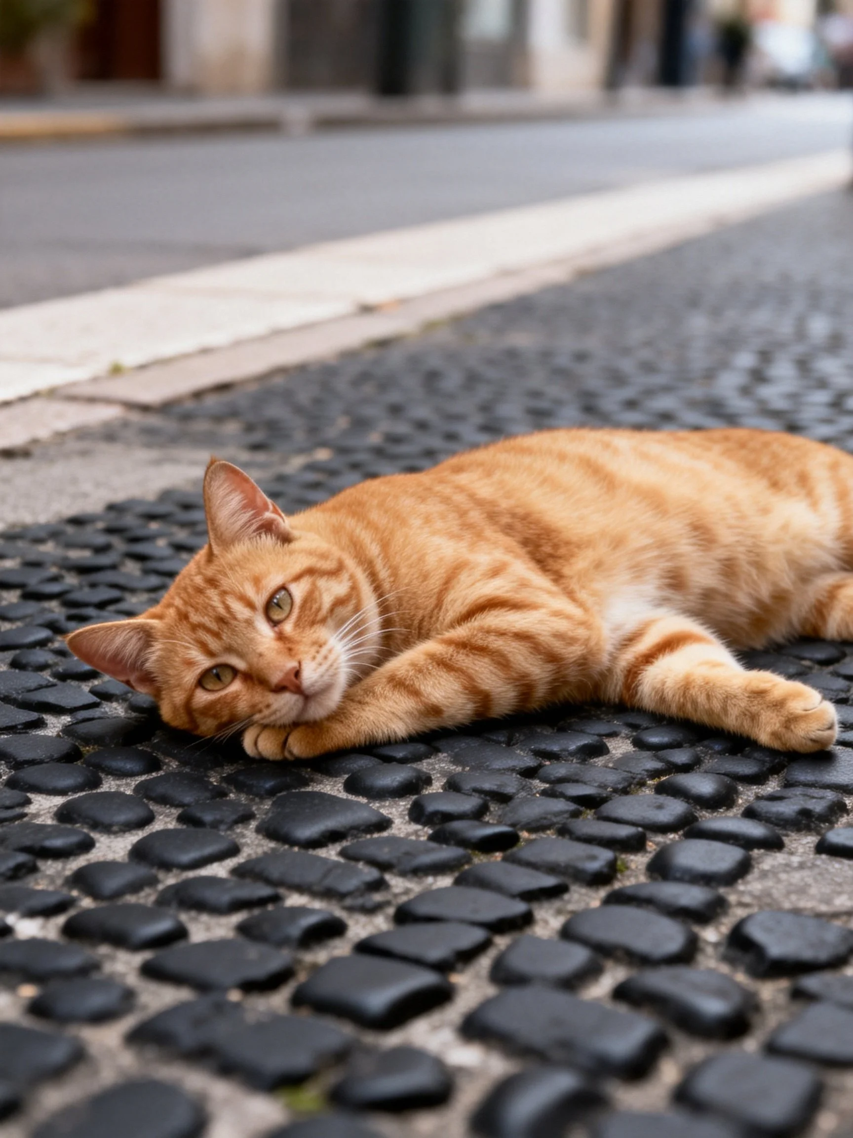 A relaxed orange tabby cat resting on dark cobblestone pavement