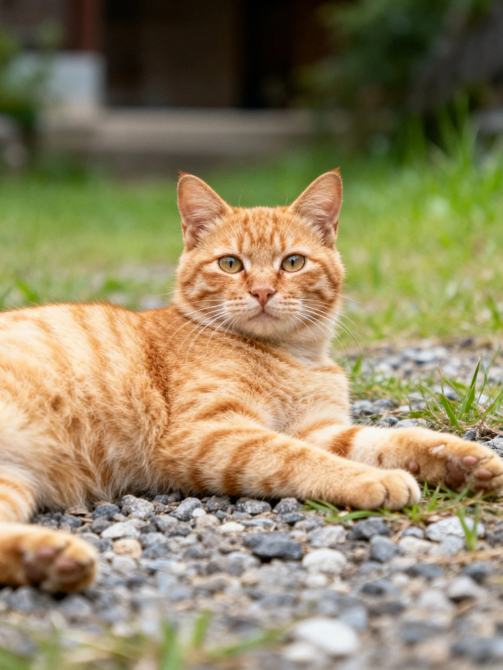 A relaxed orange tabby cat resting on gravel near green grass