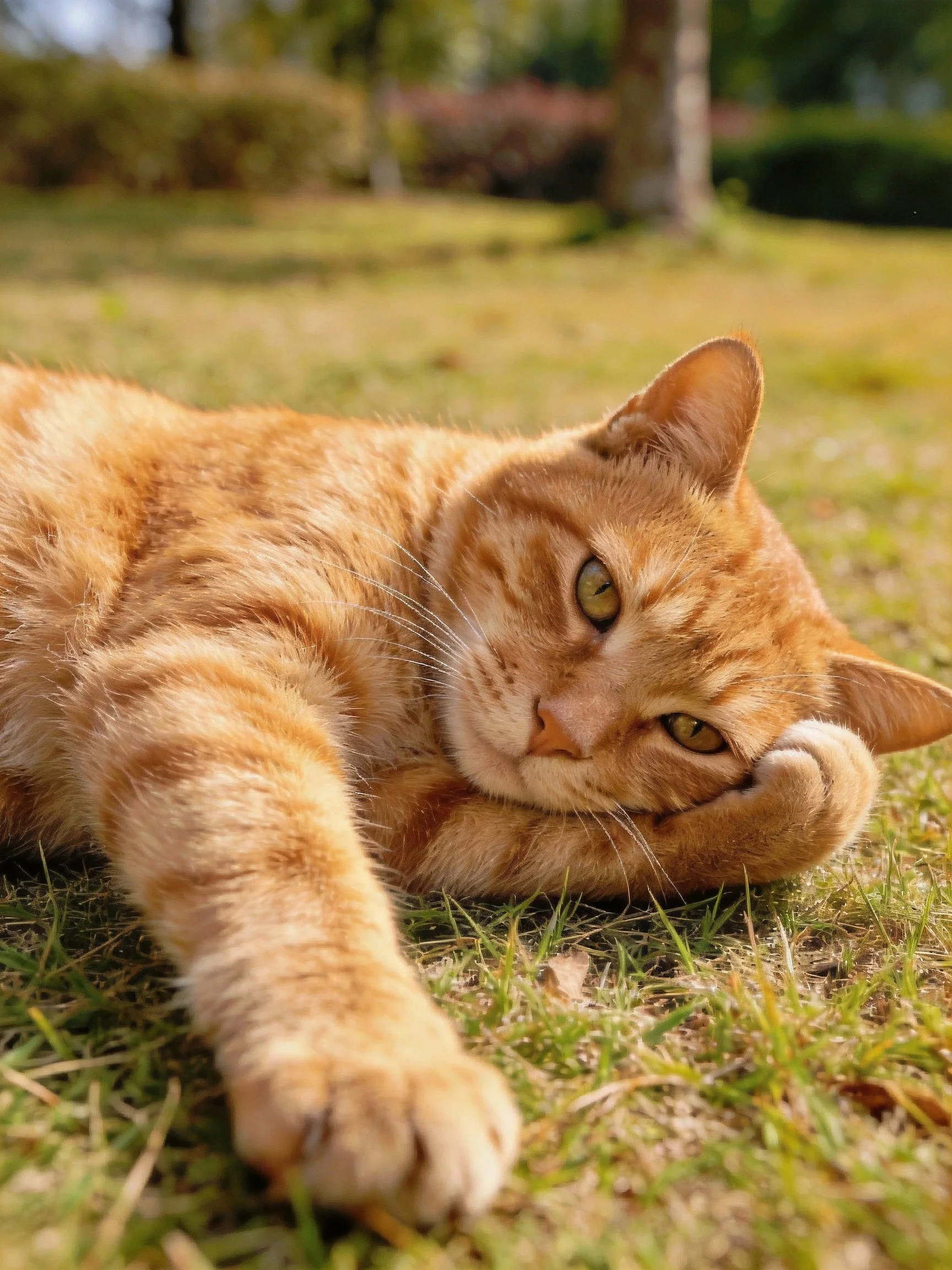 A relaxed orange tabby cat resting on sunlit grass