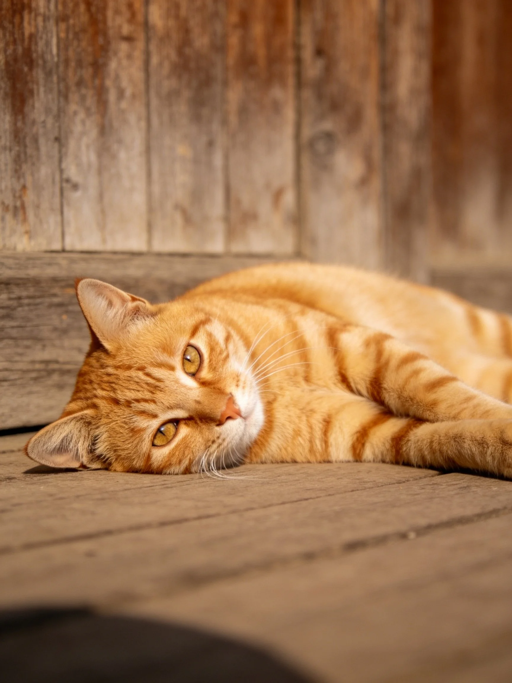A relaxed orange tabby cat resting on wooden planks