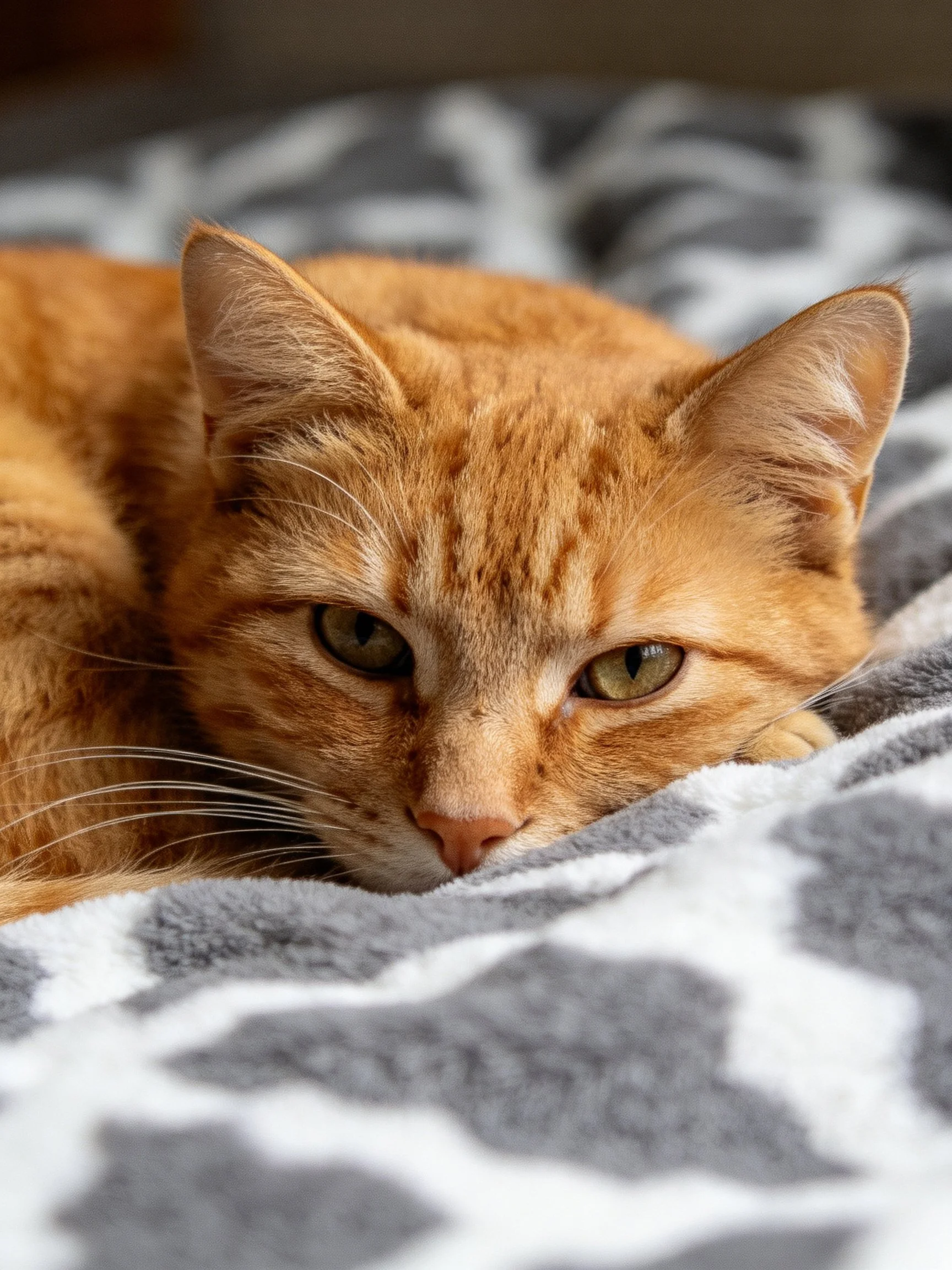 A relaxed orange tabby cat rests on a gray and white patterned blanket.
