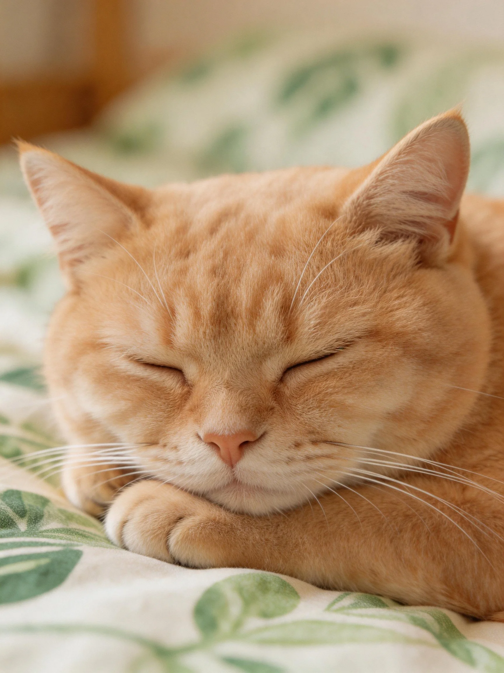 A relaxed orange tabby cat rests on a leaf-patterned fabric