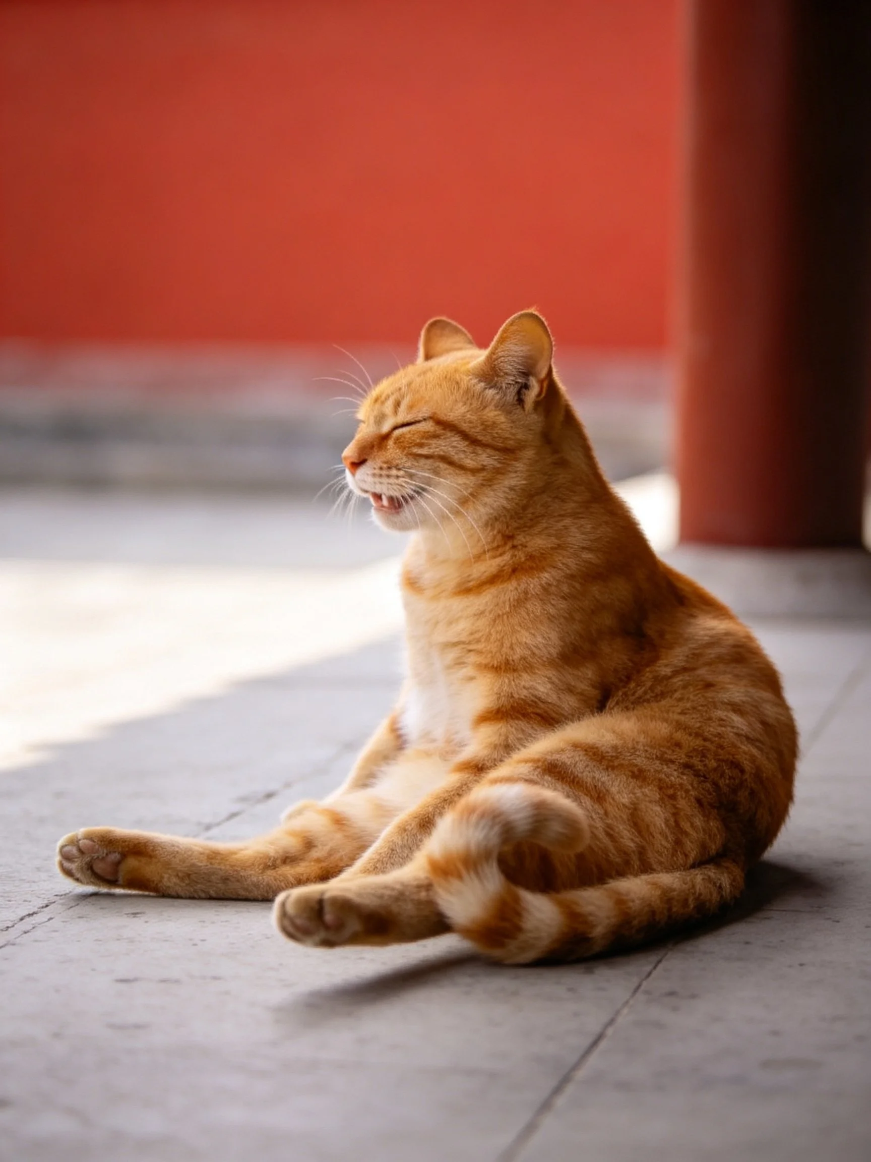 A relaxed orange tabby cat sits on a stone surface near a red wall