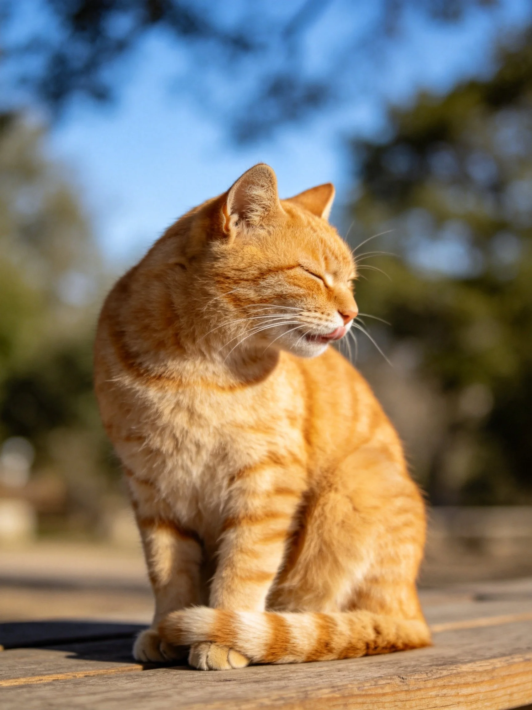 A relaxed orange tabby cat sits on a wooden platform outdoors