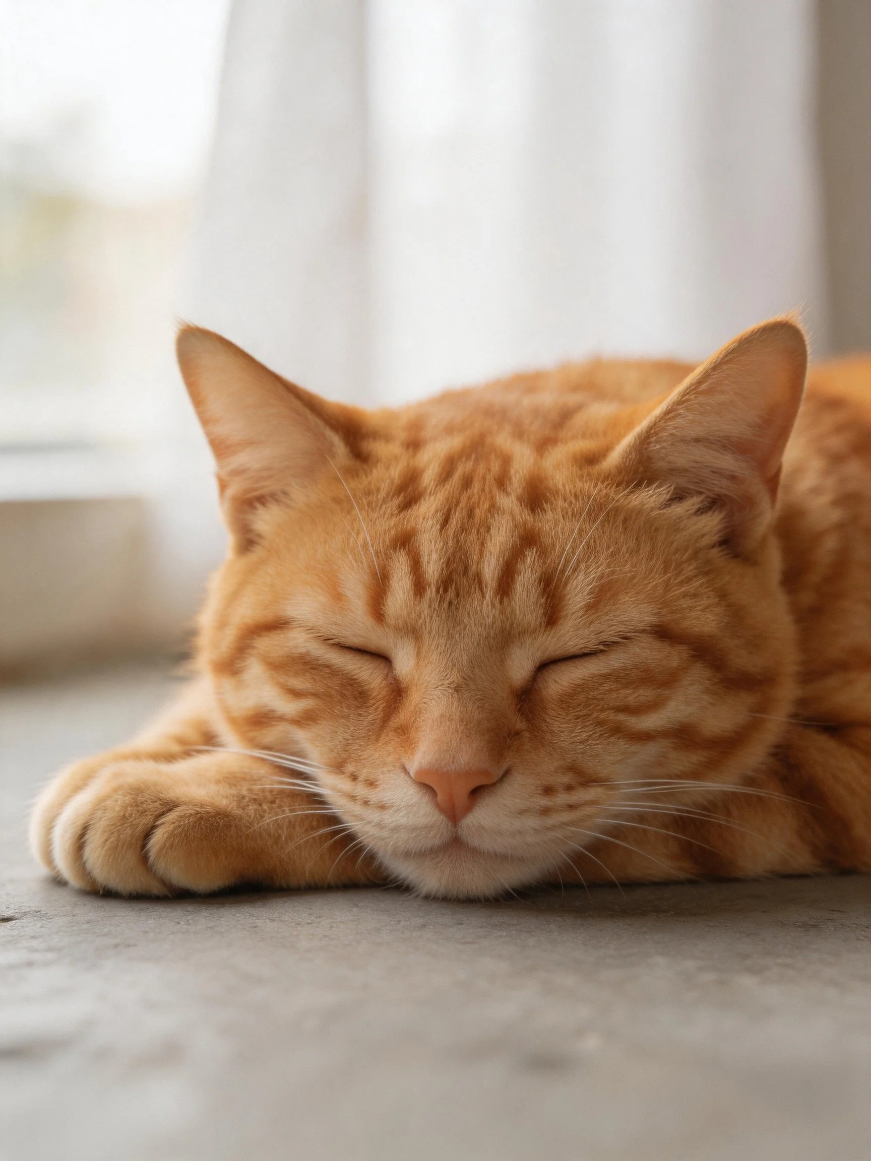 A relaxed orange tabby cat sleeps near a bright window.