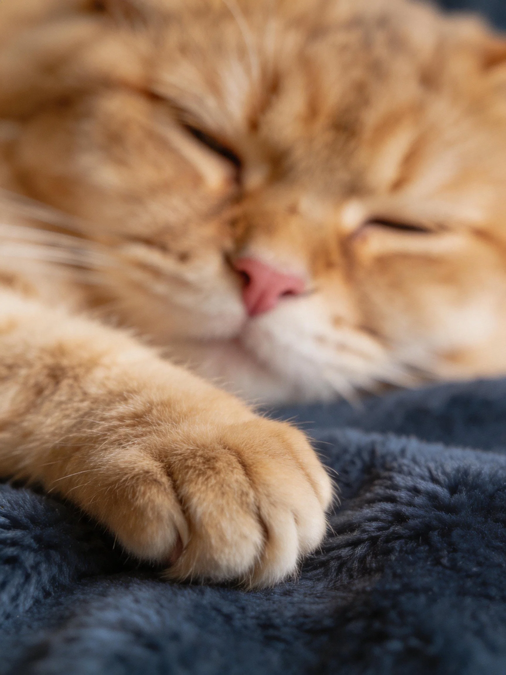 A relaxed orange tabby cat sleeps on a dark blue blanket