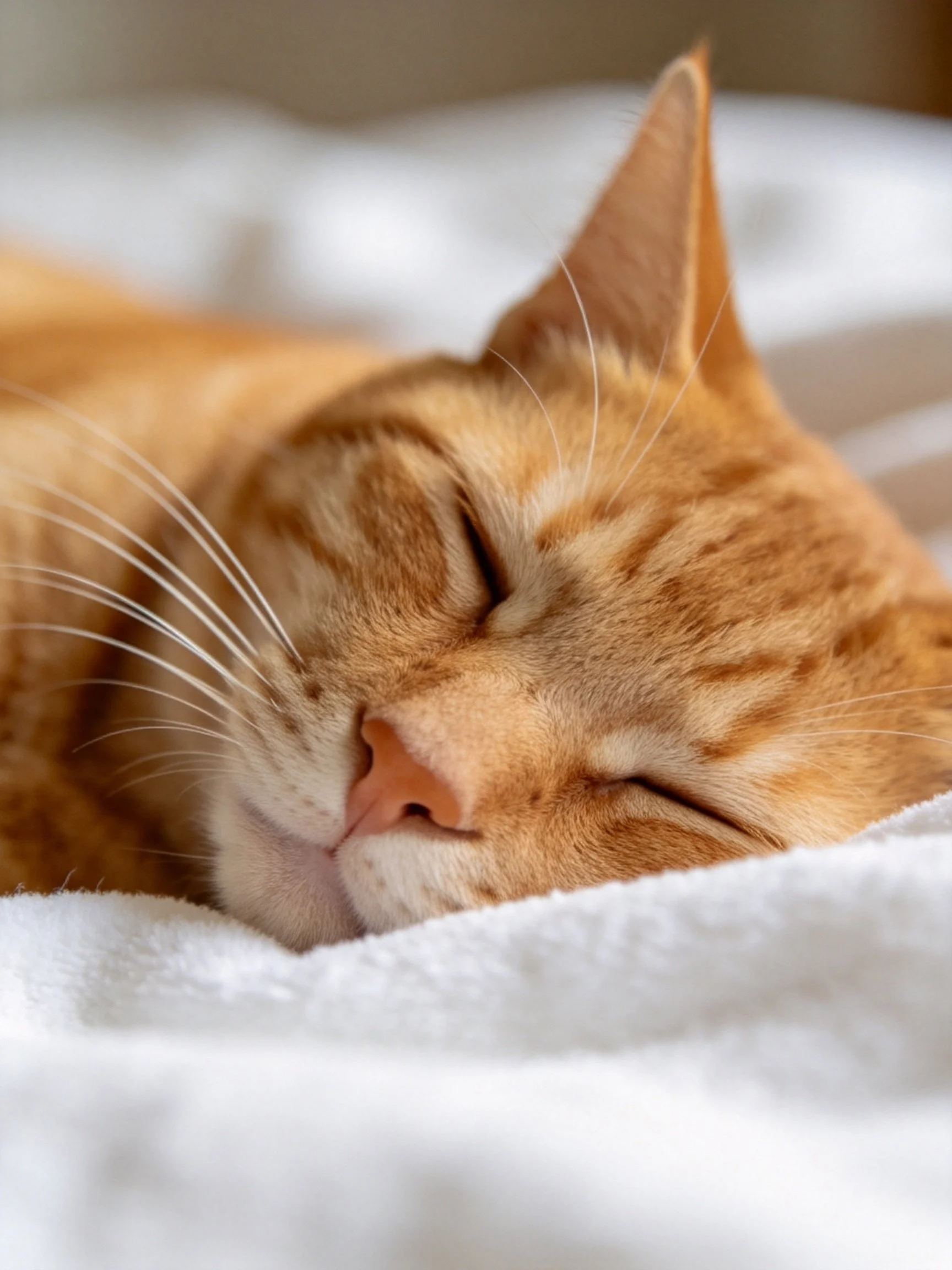 A relaxed orange tabby cat sleeps on a fluffy white towel