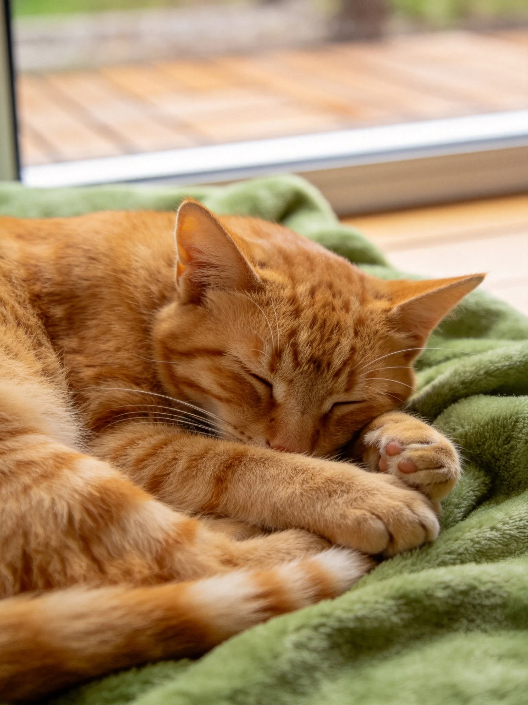 A relaxed orange tabby cat sleeps on a green blanket by a window