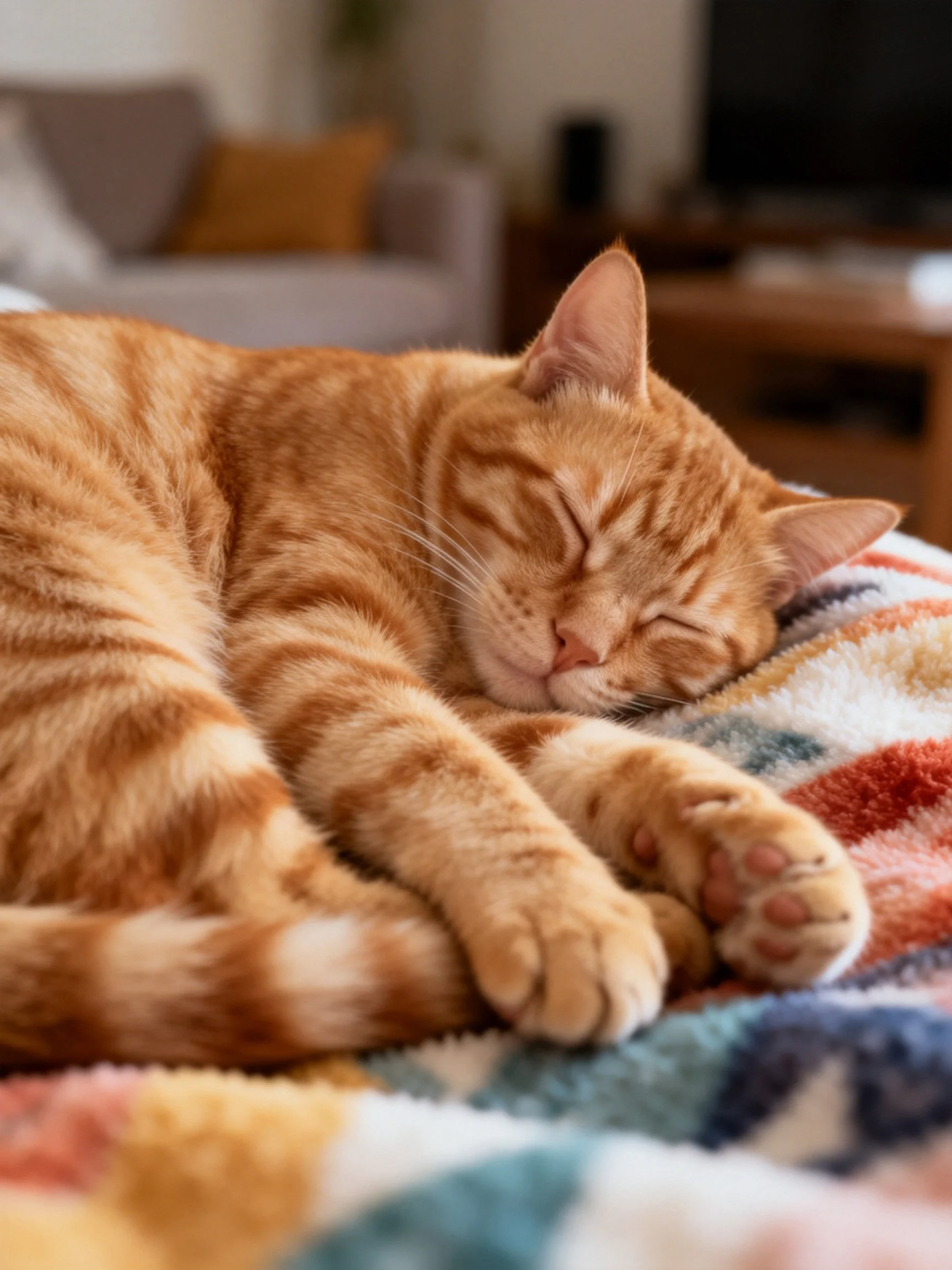 A relaxed orange tabby cat sleeps on a multicolored blanket indoors