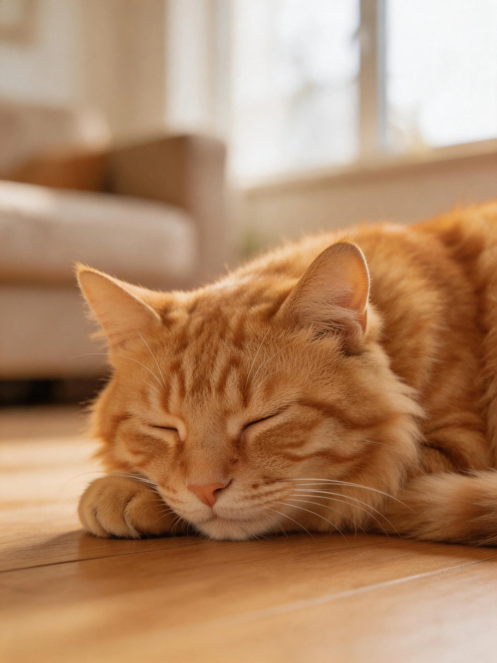 A relaxed orange tabby cat sleeps on a polished wooden floor