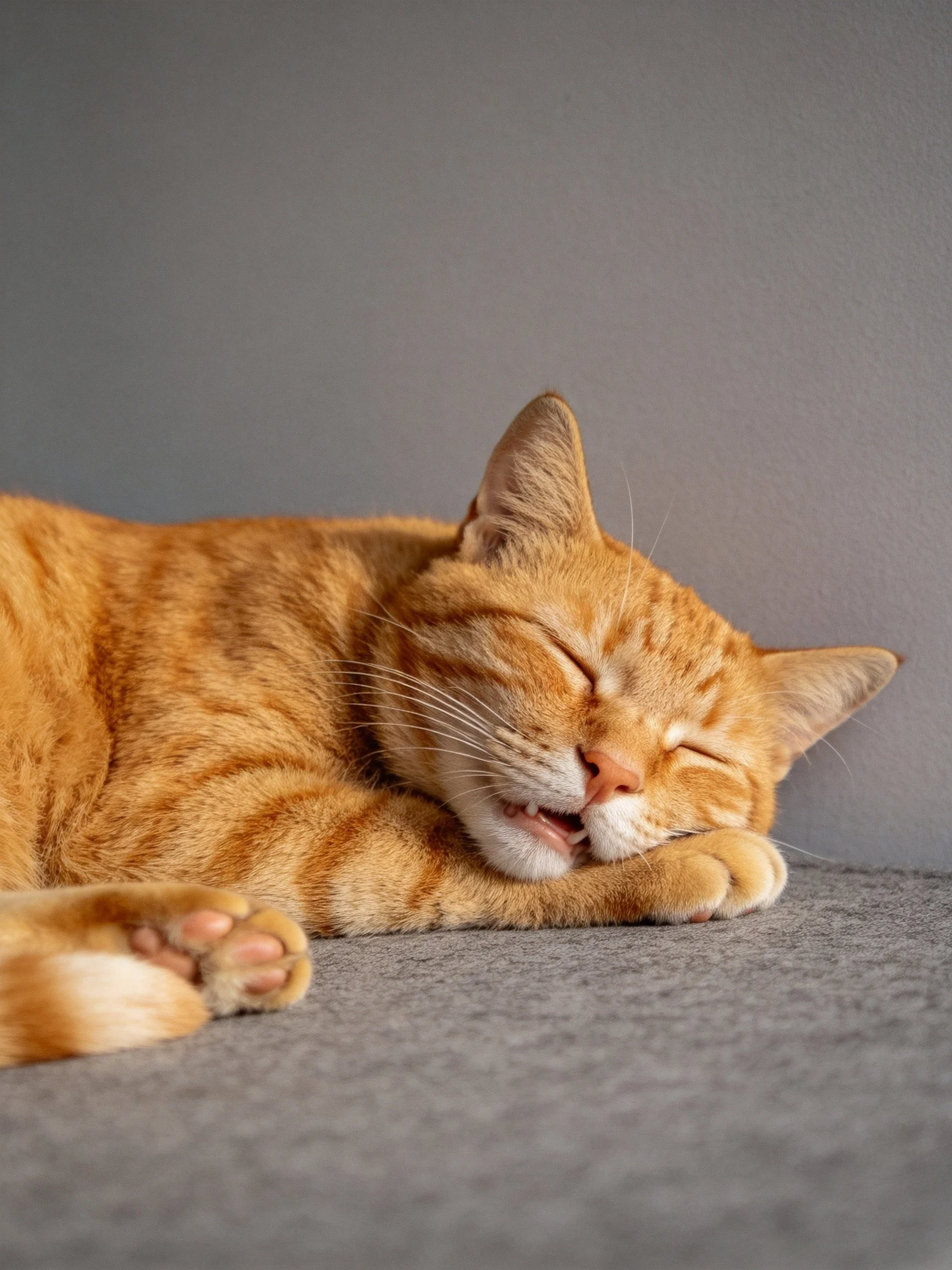 A relaxed orange tabby cat sleeps on a smooth gray surface