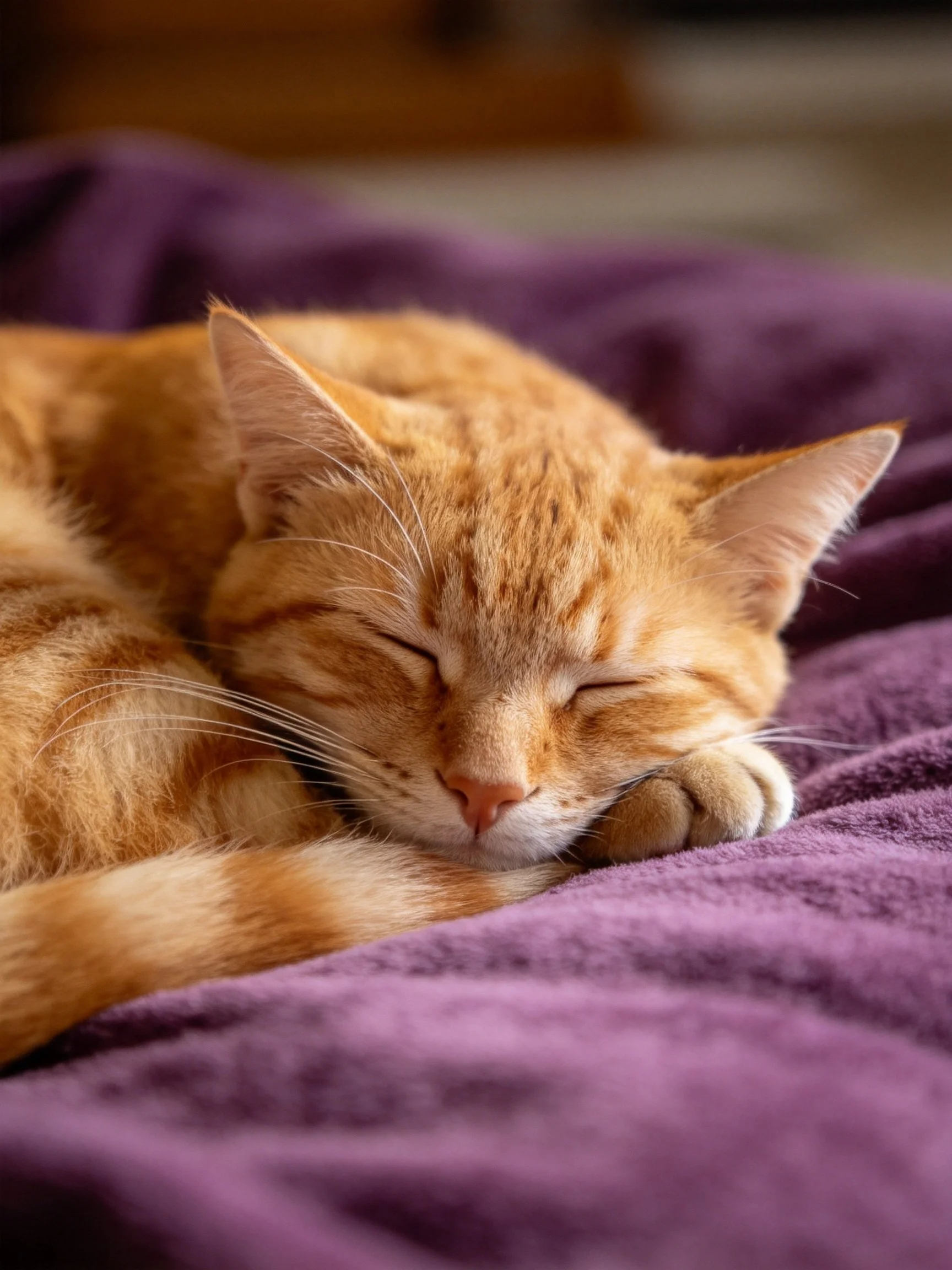 A relaxed orange tabby cat sleeps on a soft purple blanket