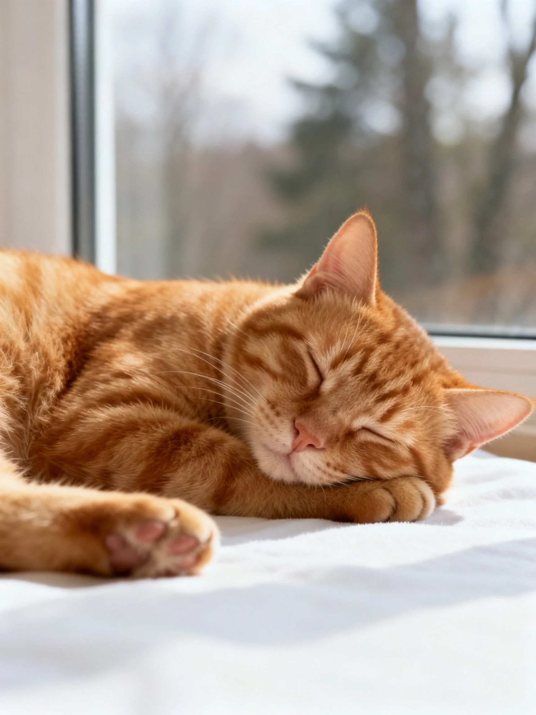 A relaxed orange tabby cat sleeps peacefully by a sunlit window