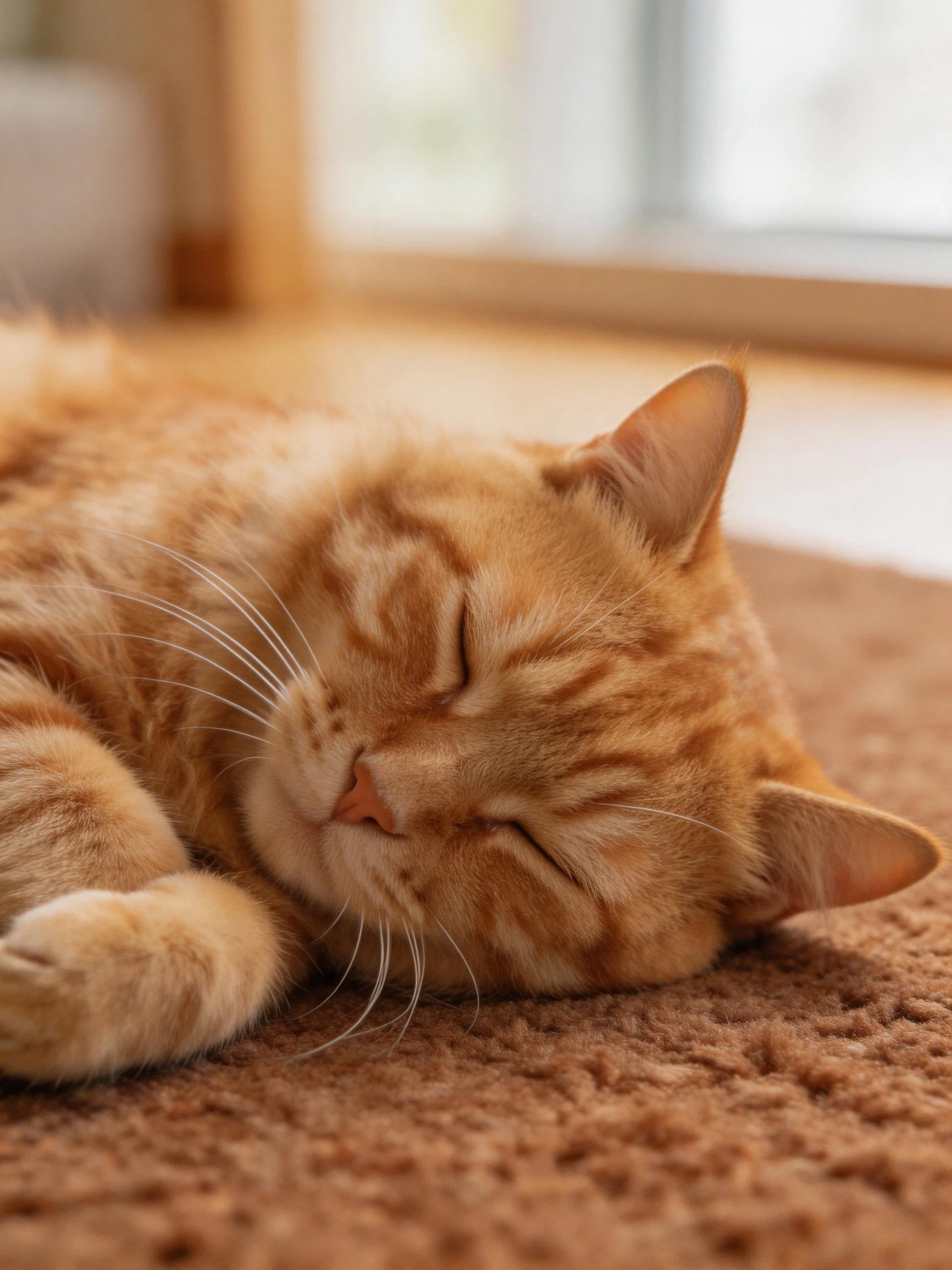 A relaxed orange tabby cat sleeps peacefully on a brown rug