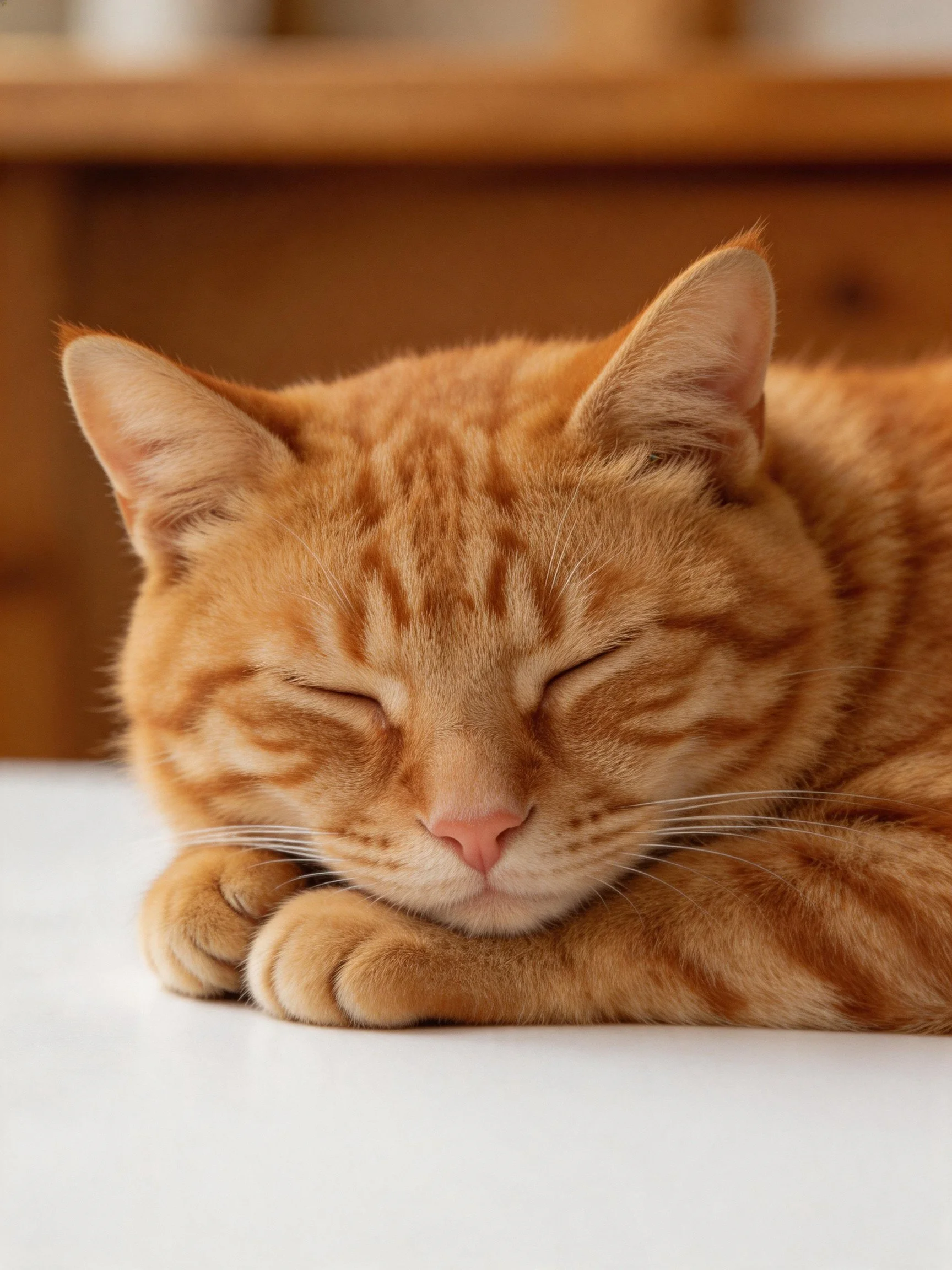 A relaxed orange tabby cat sleeps with closed eyes