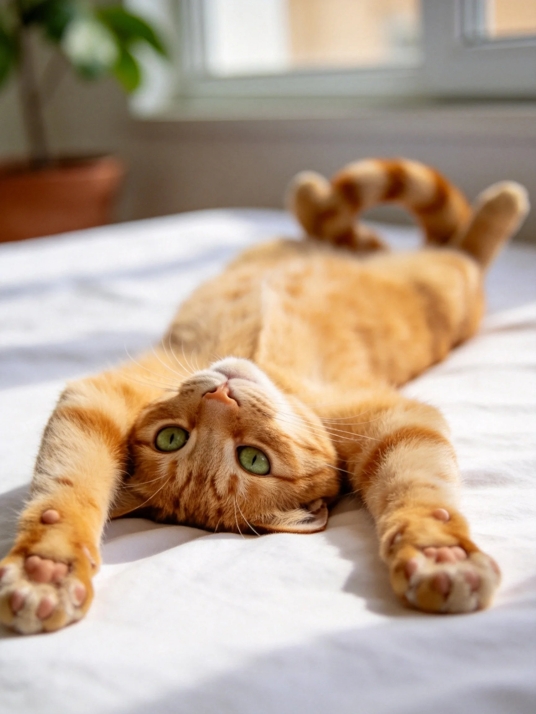 A relaxed orange tabby cat stretches on a white bed near a sunlit window