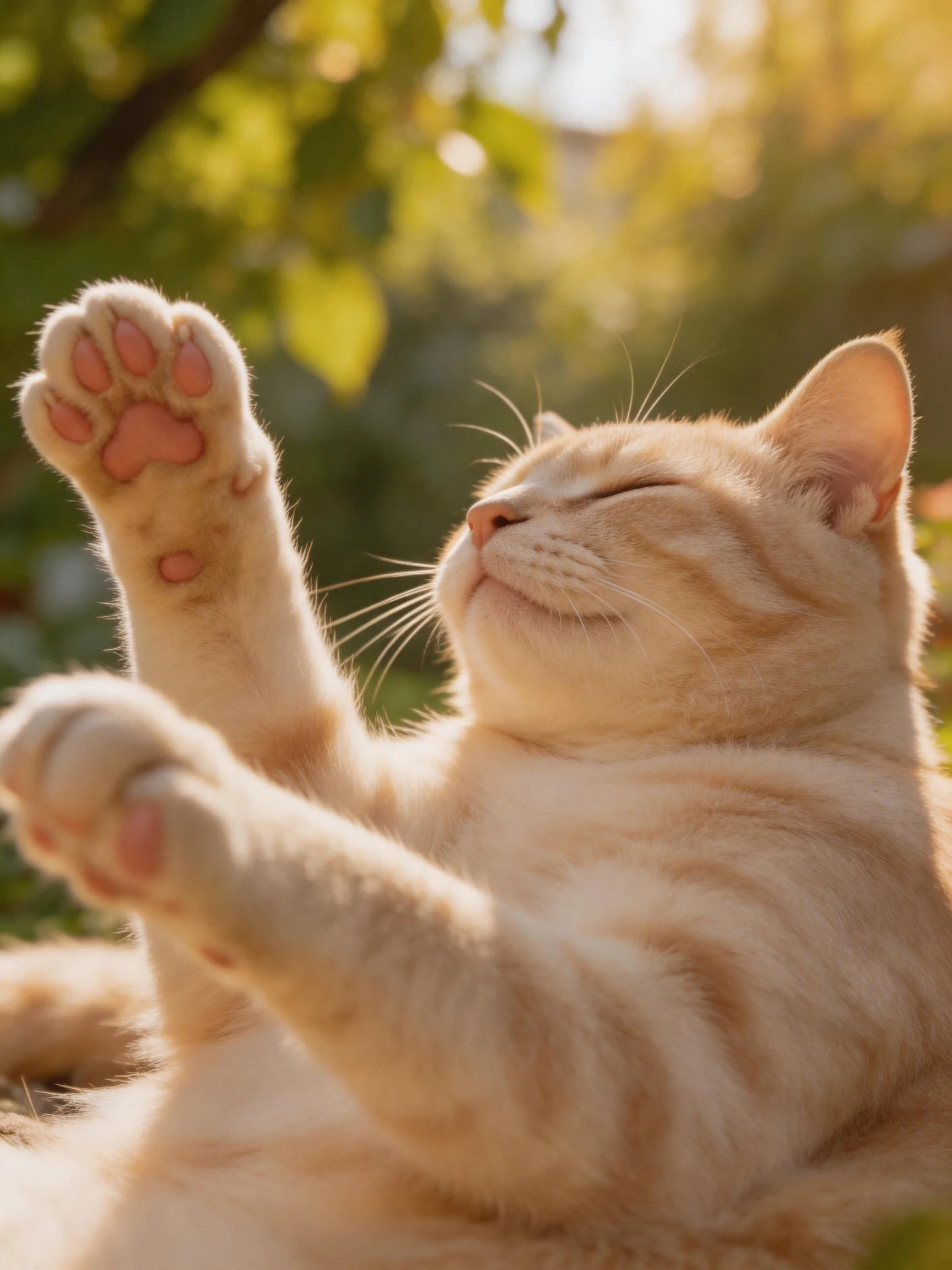A relaxed orange tabby cat stretching in sunlight