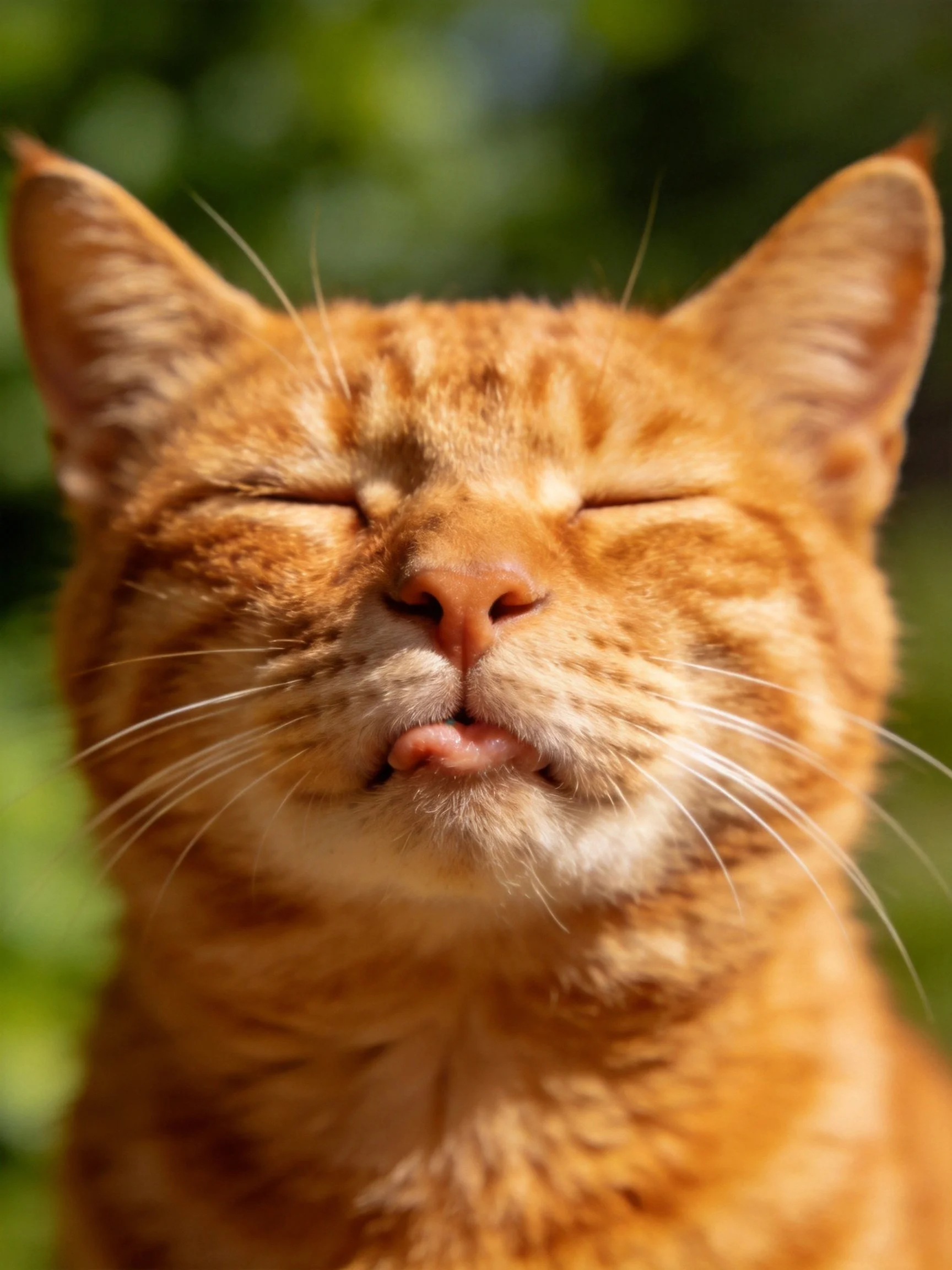 A relaxed orange tabby cat with closed eyes and pink tongue
