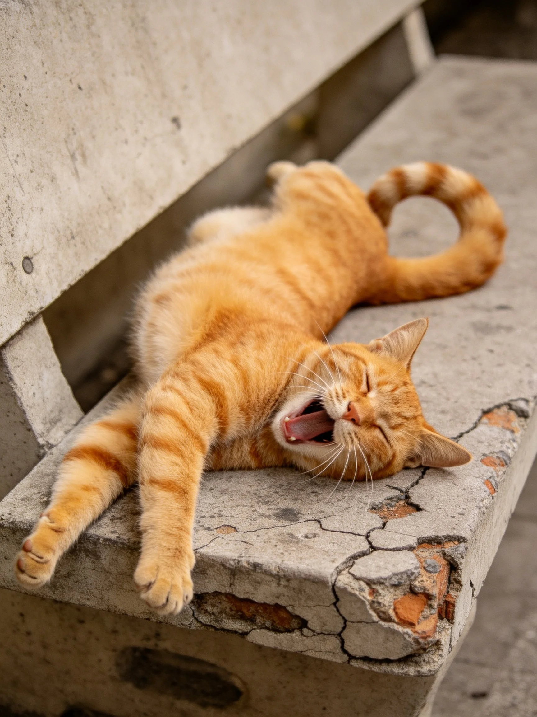 A relaxed orange tabby cat yawning on a cracked concrete bench