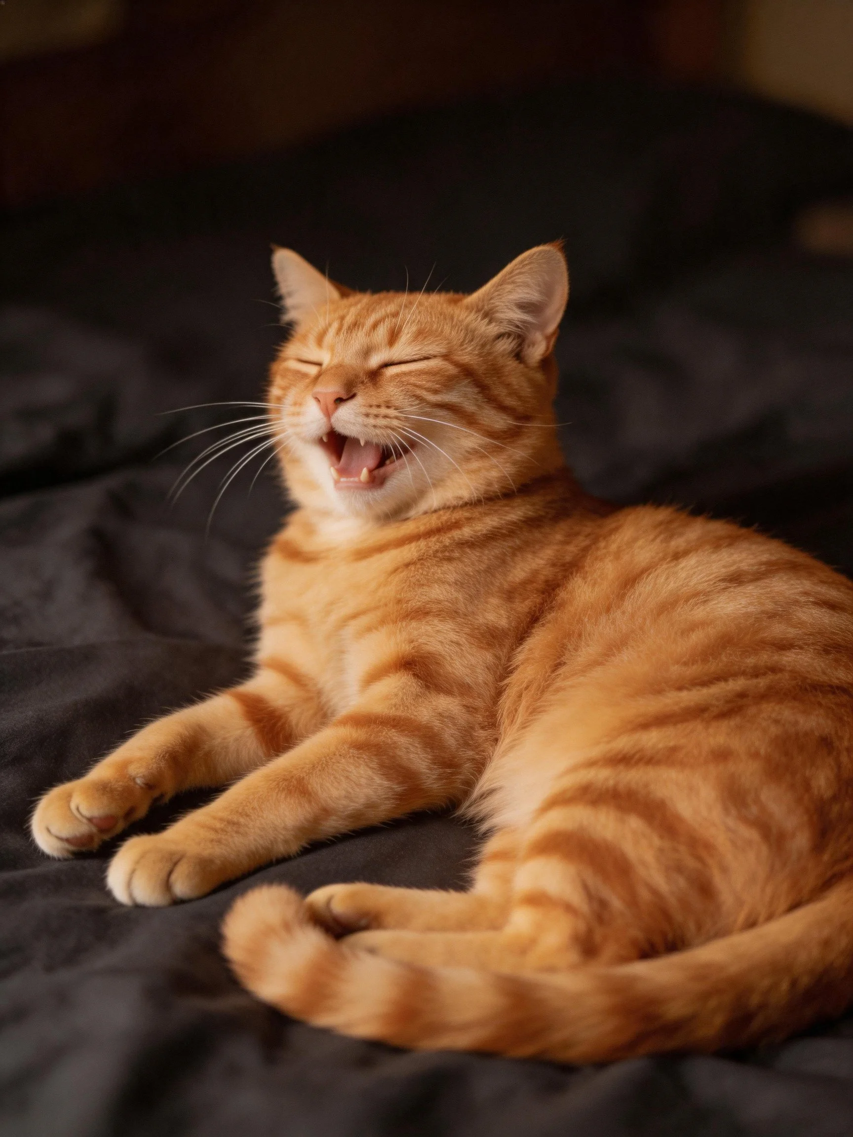 A relaxed orange tabby cat yawning on a dark fabric bed