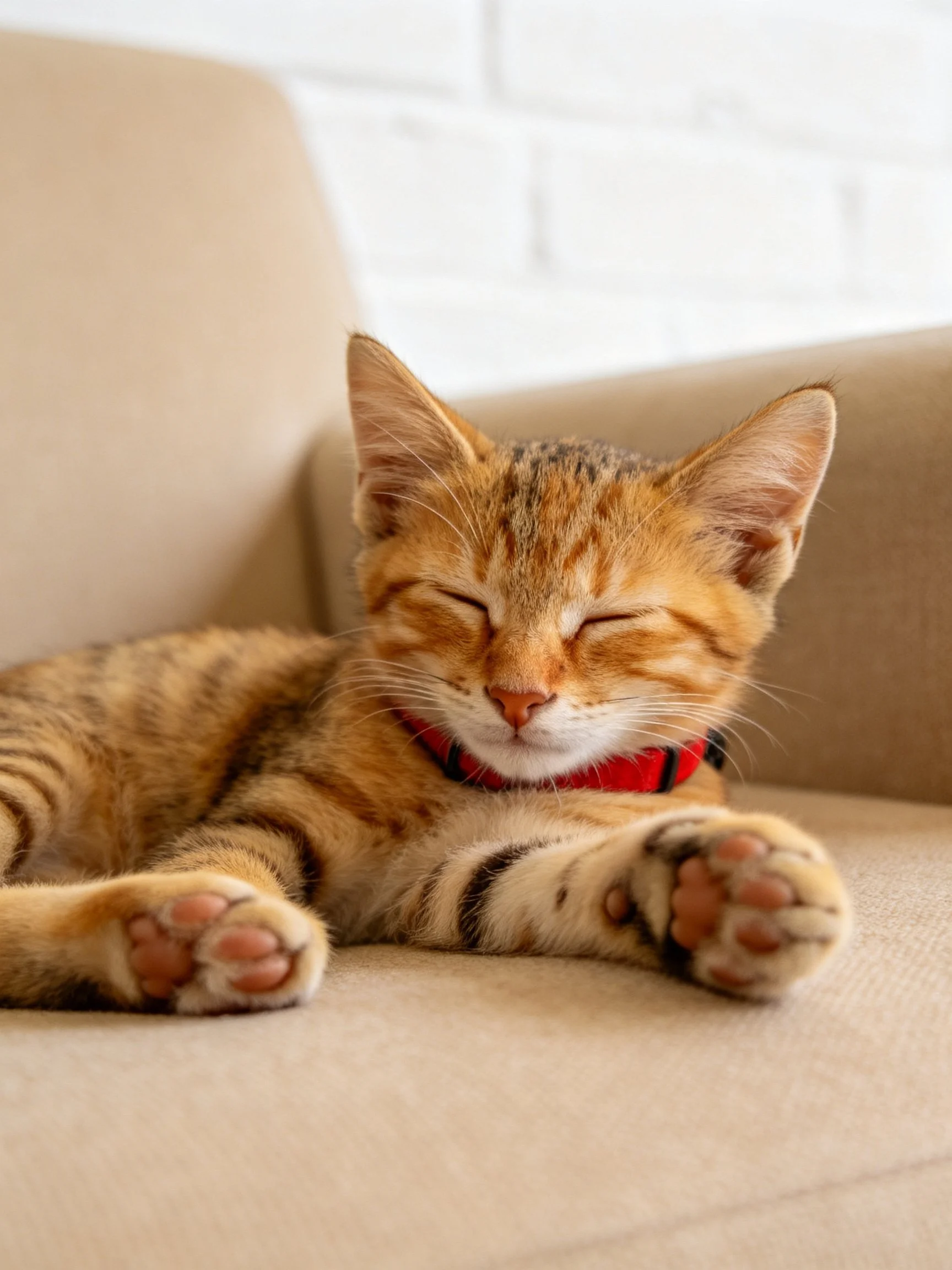 A relaxed orange tabby kitten resting on a beige couch