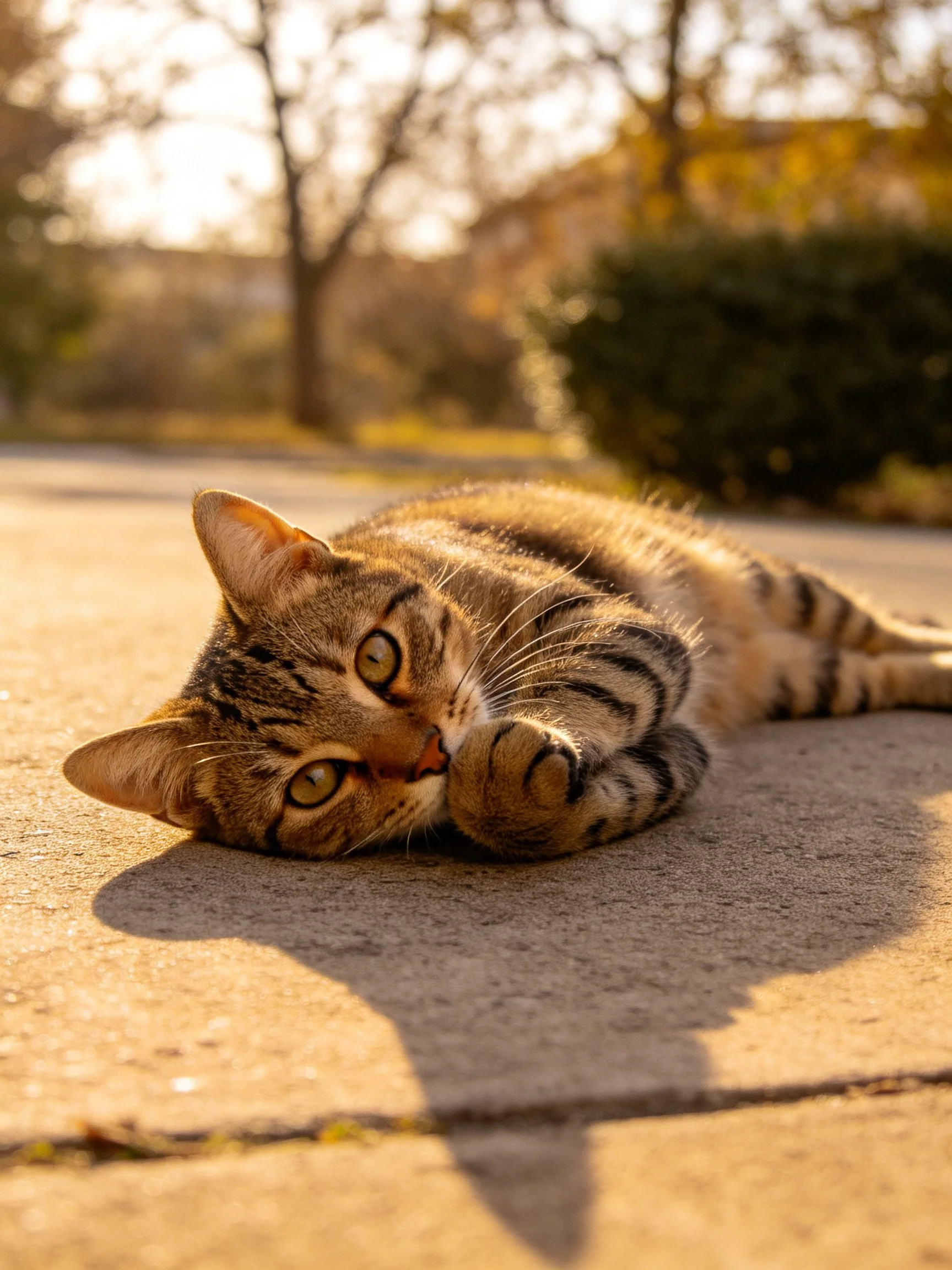 A relaxed tabby cat lies on sunlit pavement near trees