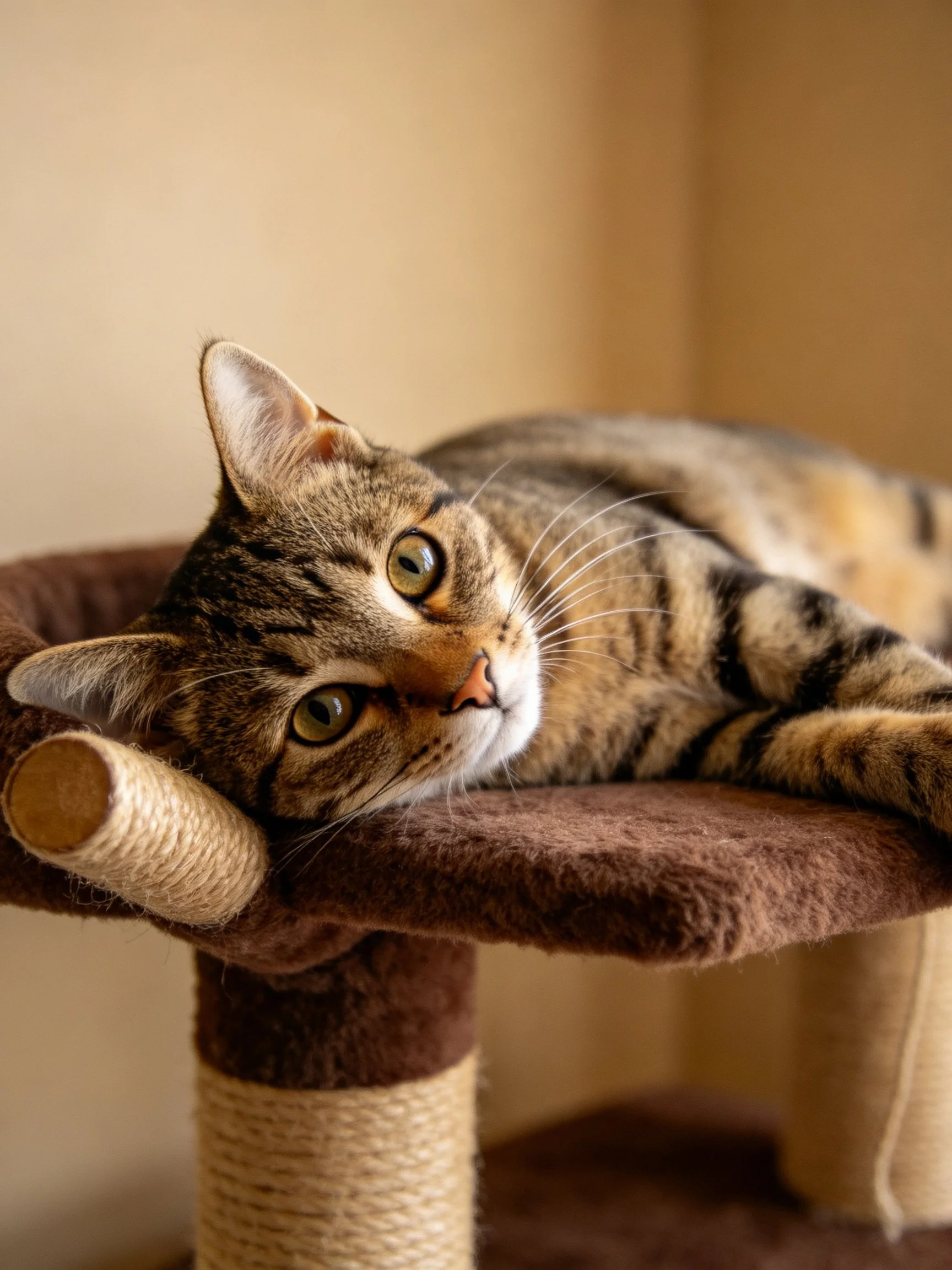 A relaxed tabby cat lounges on a brown cat tree with rope accents