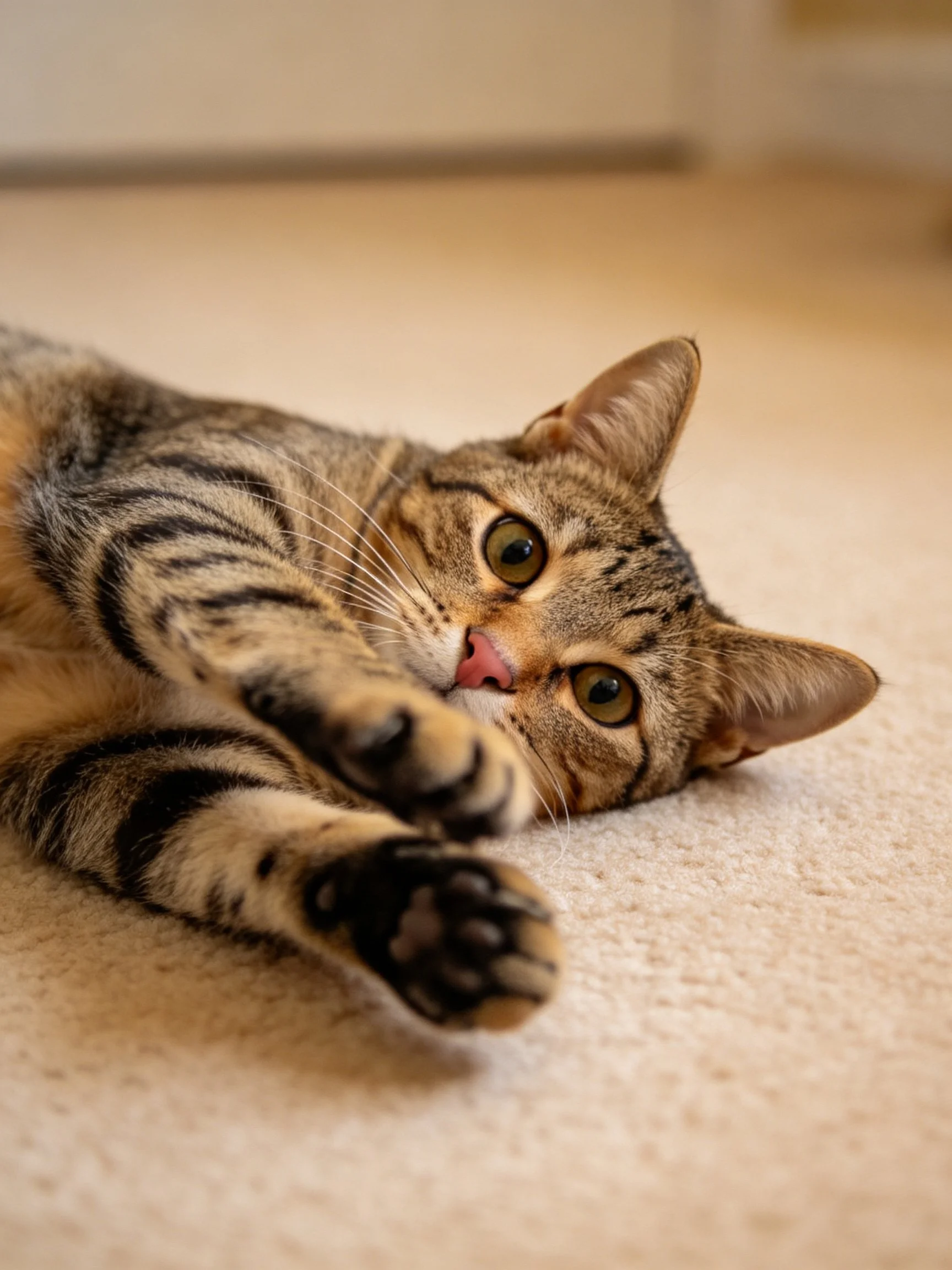 A relaxed tabby cat lounges on a soft beige carpet