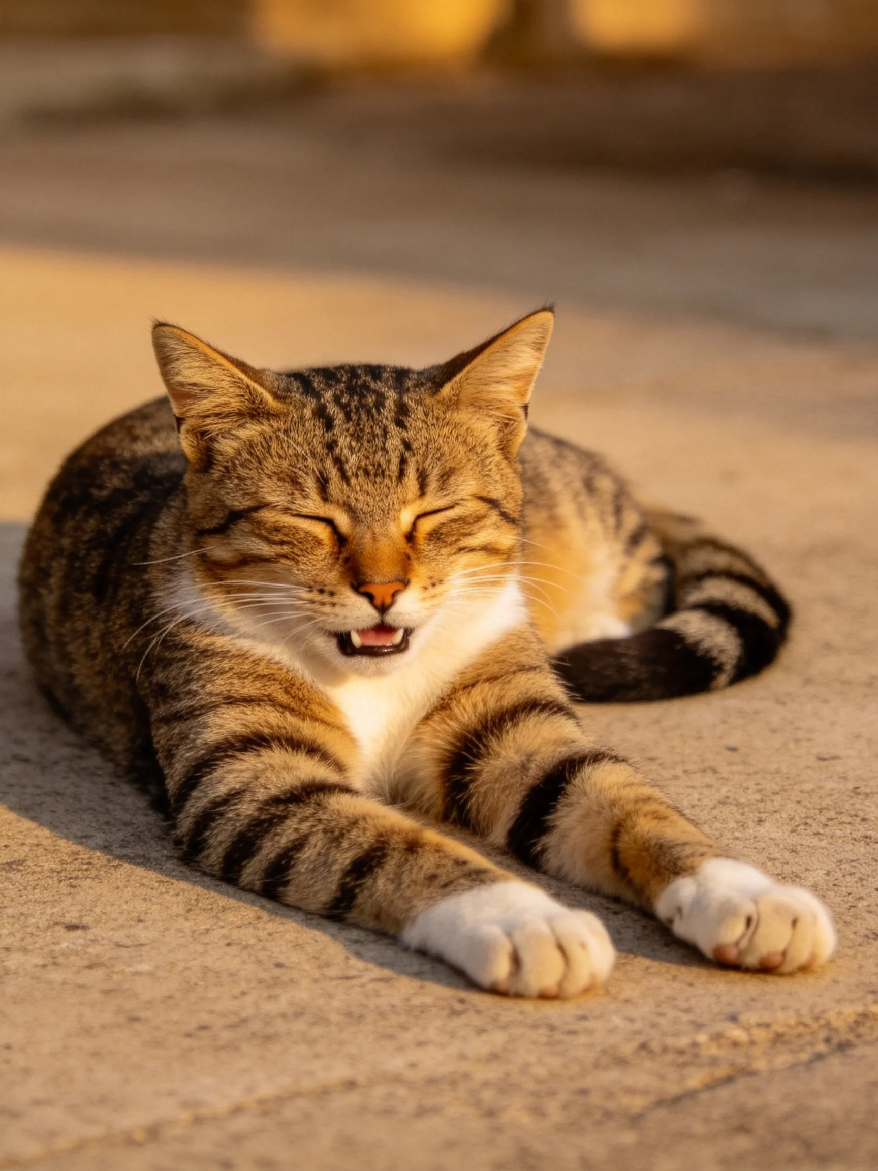 A relaxed tabby cat lounges on sunlit concrete