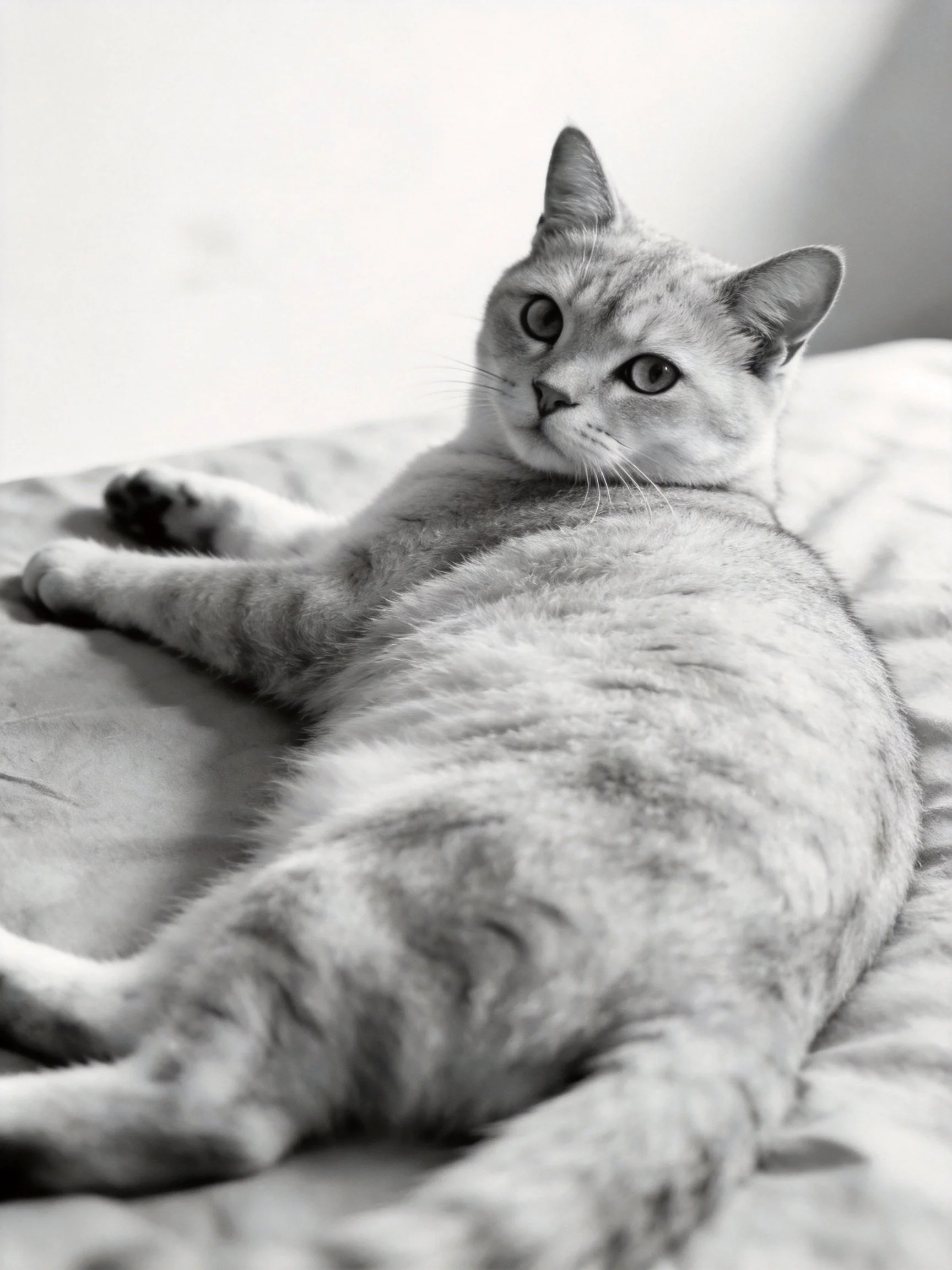 A relaxed tabby cat lounging on a soft bed in monochrome